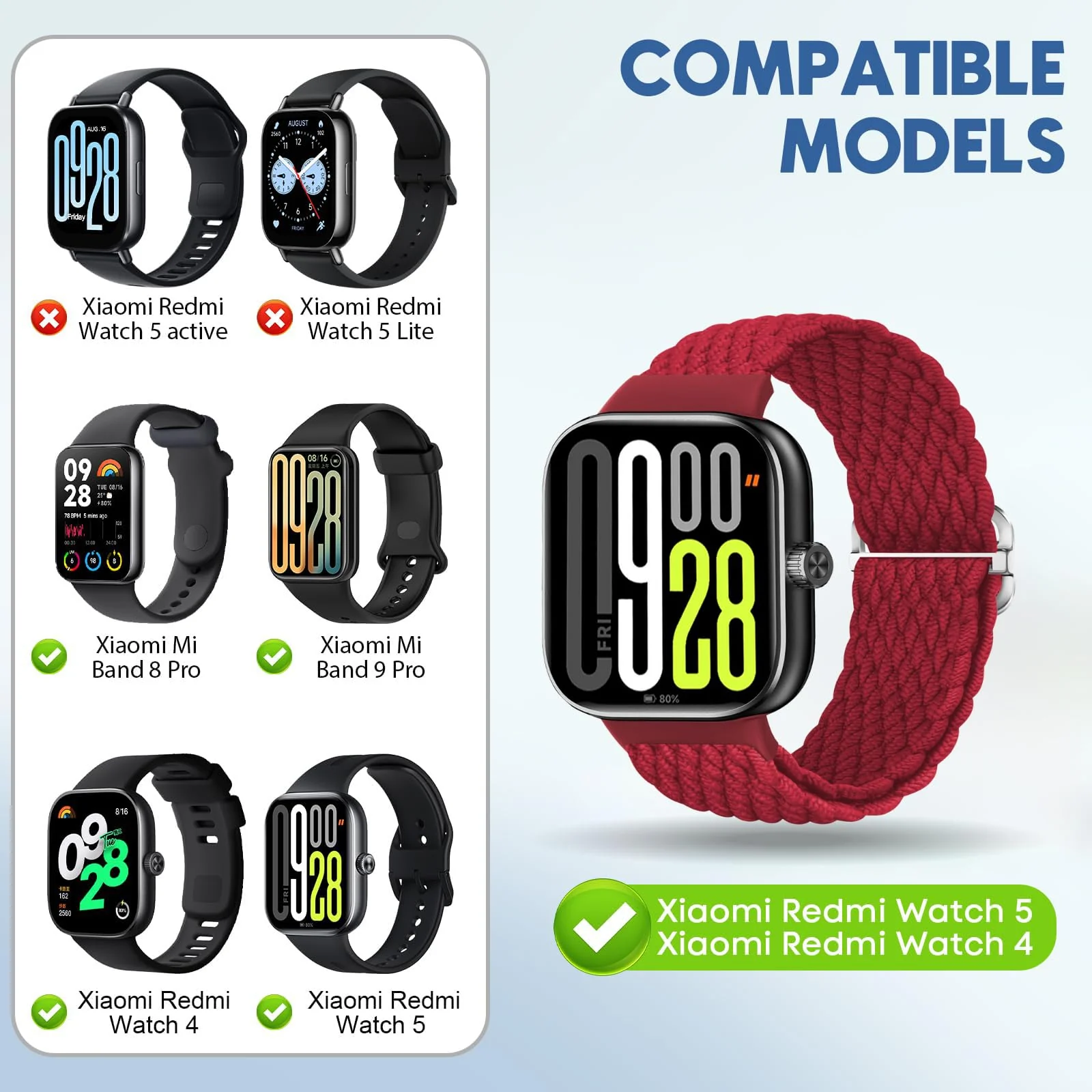 DL3 Mobilak Replacecment Band For Redmi Watch 4/Redmi Watch 5/Xiaomi Smart Band 8 Pro/Band 9 Pro for Women Men, Adjustable Braided Bands Straps Elastics Sport Wristband Nylon Strap - Red