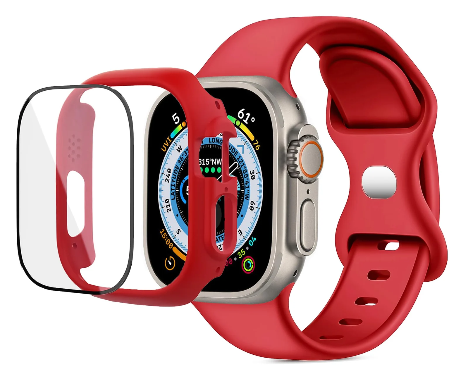 DL3 Mobilak Band with Case For Apple Watch Ultra/Ultra 2 49mm, Adjustable Silicone Sport Wristband Replacement, Strap With Cover Built-in Glass Screen Protector for iWatch Ultra 49 mm - Red