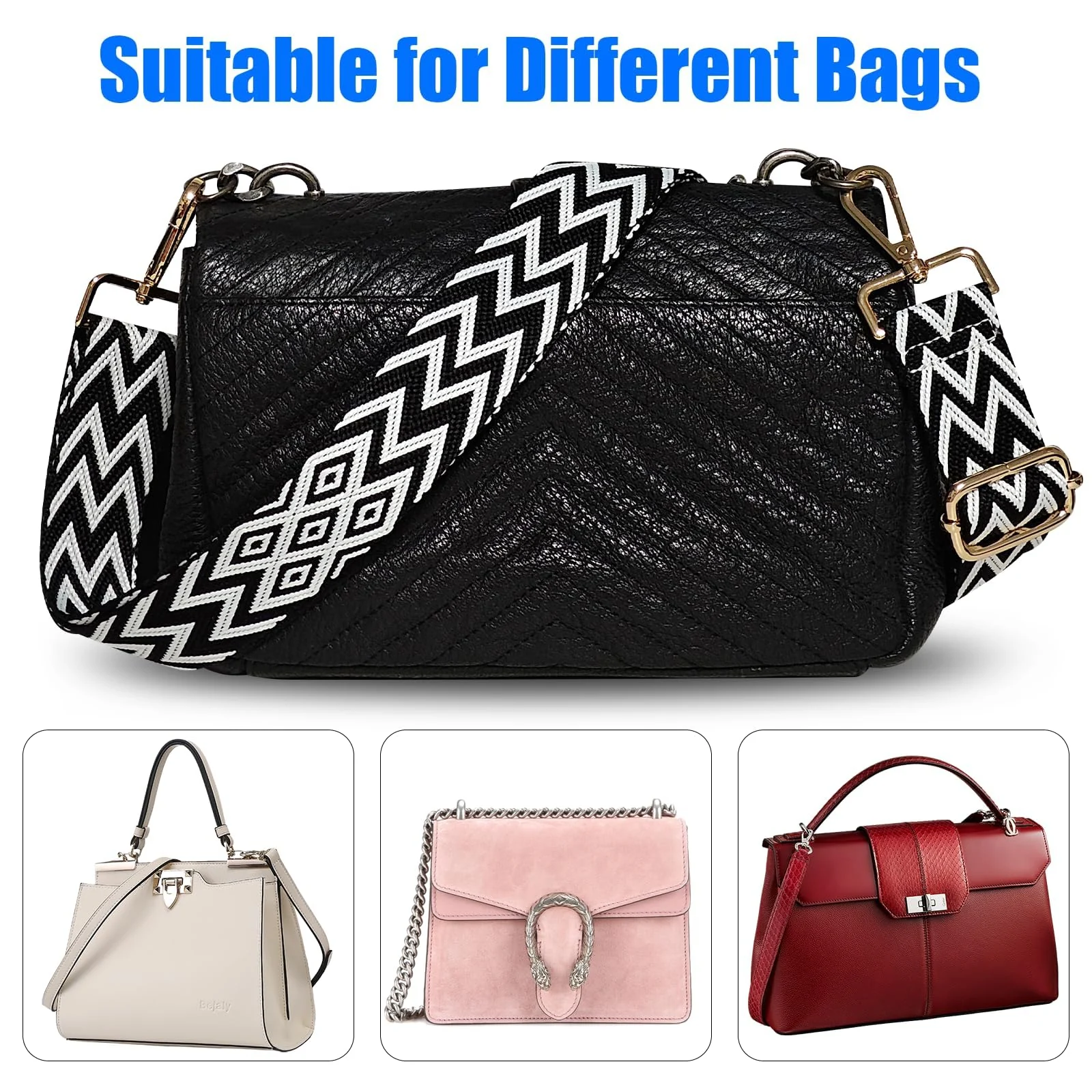 DL3 Mobilak Adjustable Wide Crossbody Bag Strap for Women, Replacement Shoulder Strap for Handbags, Totes & Purses with Elegant Embroidered Pattern and Metal Hooks - Blanco