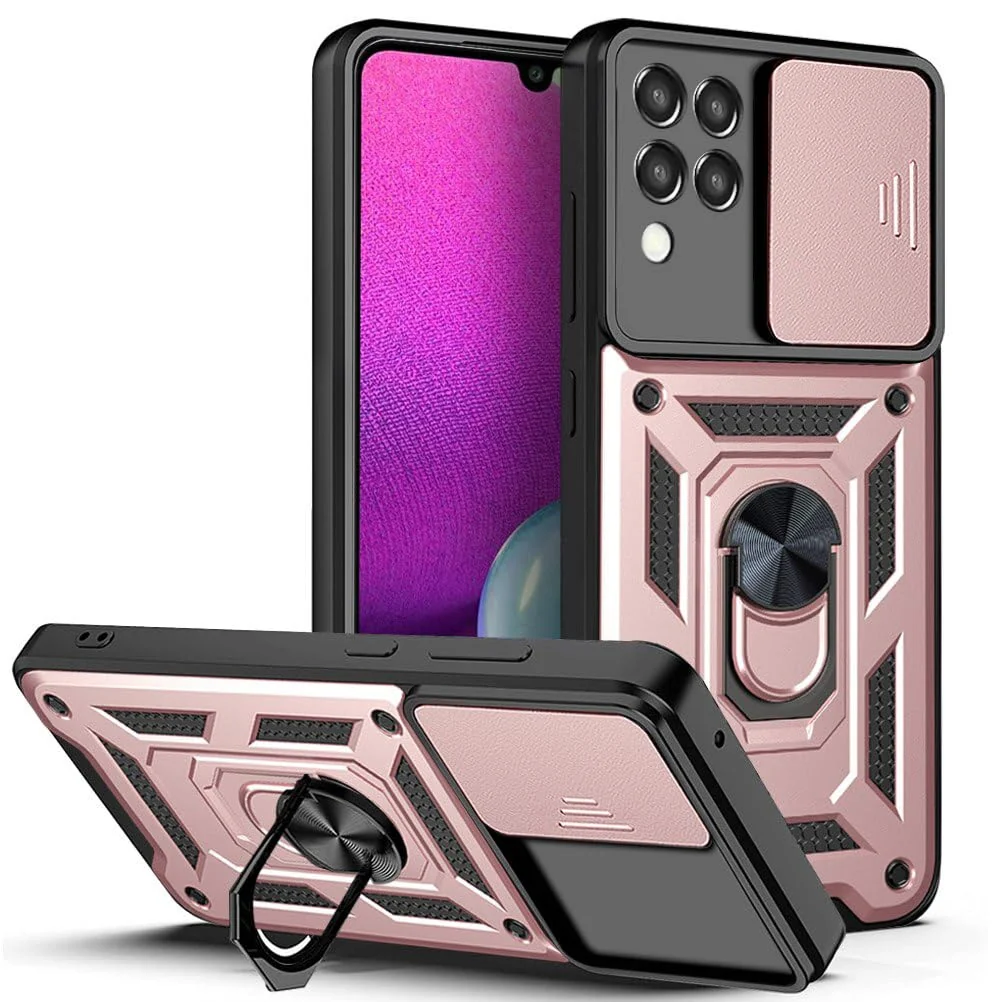 Dl3 Mobilak Case for Samsung Galaxy M33 5G with Slide Camera Cover, Military Grade Shockproof Protective Cover with Rotatable Metal Ring Kickstand [Support Magnetic Car Mount] (Blue)