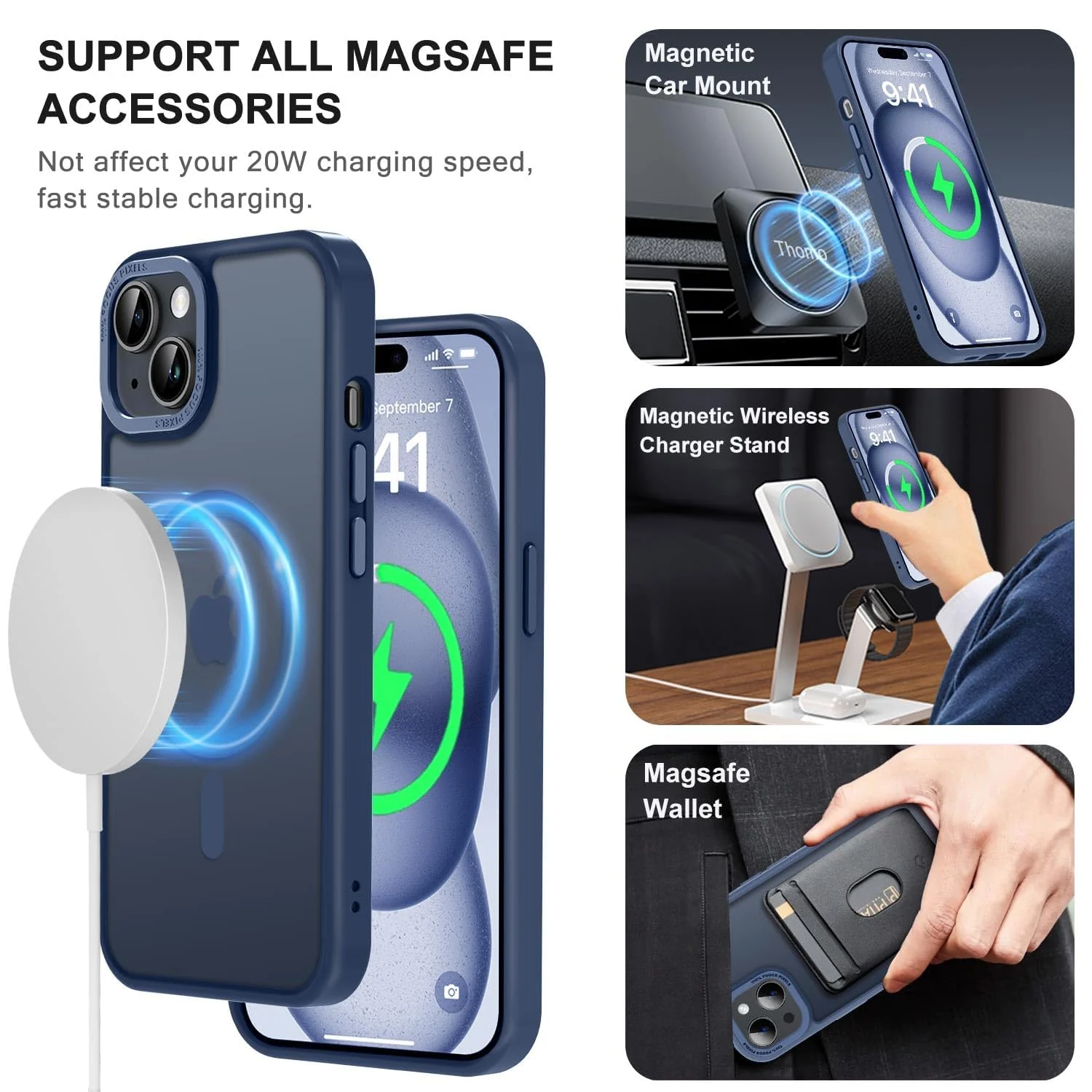 DL3 Mobilak Translucent Matte Case for iPhone 15 + Plus / iPhone 14 Plus 6.7-Inch, Compatible with MagSafe accessories, Supports wireless charging, Built-in magnetic car-mount support - Blue