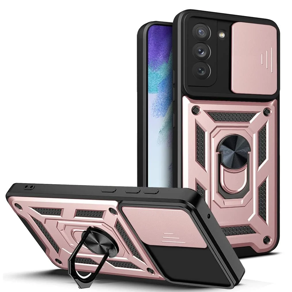 DL3 Mobilak Military-Grade Protective Case with Sliding Camera Cover, Metal Ring Kickstand and Magnetic Car-Mount Support for Samsung Galaxy S21 FE 5G - Rose Gold