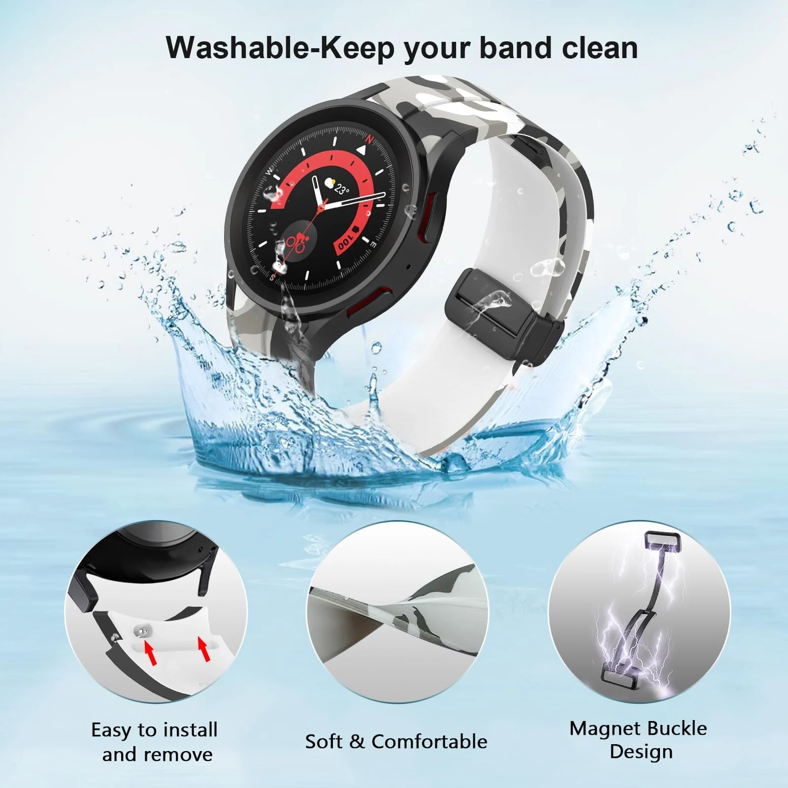 DL3 Mobilak Strap Compatible with Samsung Galaxy Watch 7 FE 6 5 4 Strap 40mm 44mm/Watch 6 Classic 43mm 47mm/5 Pro 45mm/4 Classic 42mm 46mm, No Gap Magnetic Clasp Silicone Band - Black