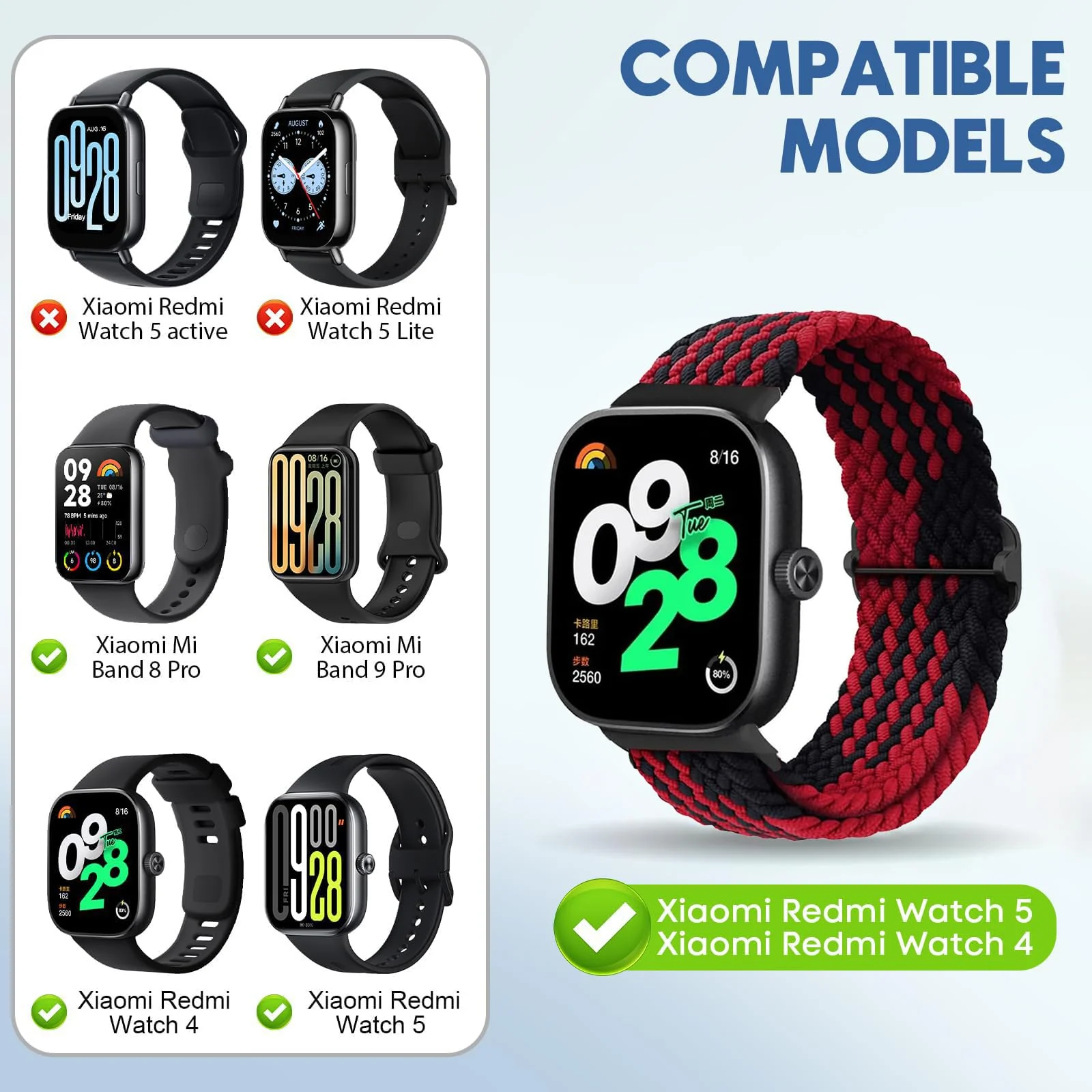 DL3 Mobilak Braided Band For Redmi 4/5 / 6 / Xiaomi Smart Band 8 Pro/Band 9 Pro for Women Men, Adjustable Braided Bands Straps Elastics Sport Wristband Nylon Strap - Red Black