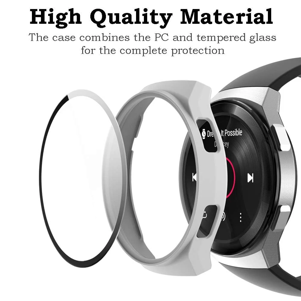 DL3 Mobilak Protective Case Compatible with Huawei Watch GT 2e 9H Hardness PC Case Bumper Full Slim Protective Cover with Tempered Glass For Huawei GT2e - White