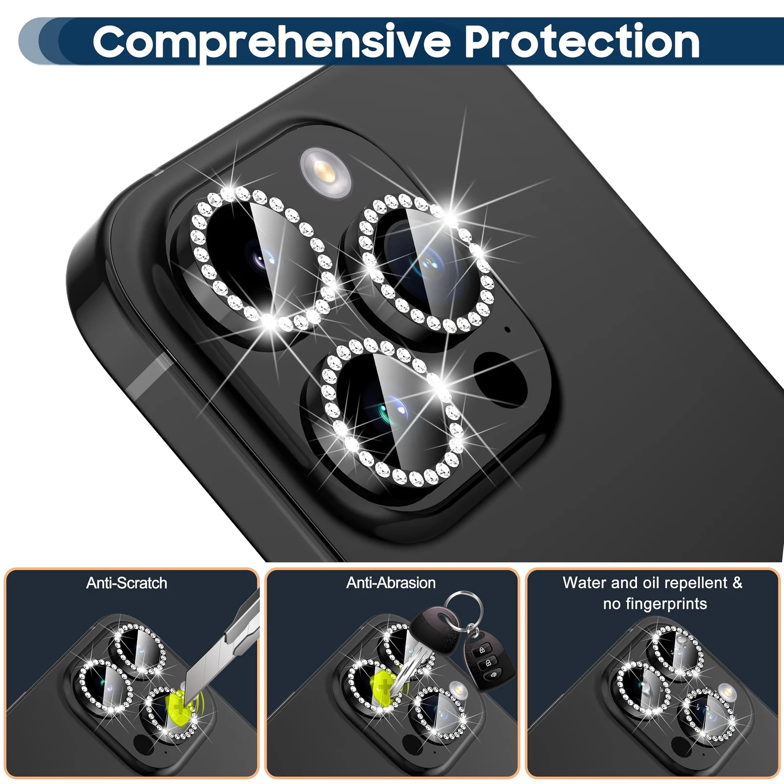 DL3 Mobilak Camera Lens Protector For iPhone 15 Pro/iPhone 15 Pro Max, [Keep Original Shooting] Tempered Glass Screen Protector Metal Individual Camera Cover, Case Friendly - Diamond Black