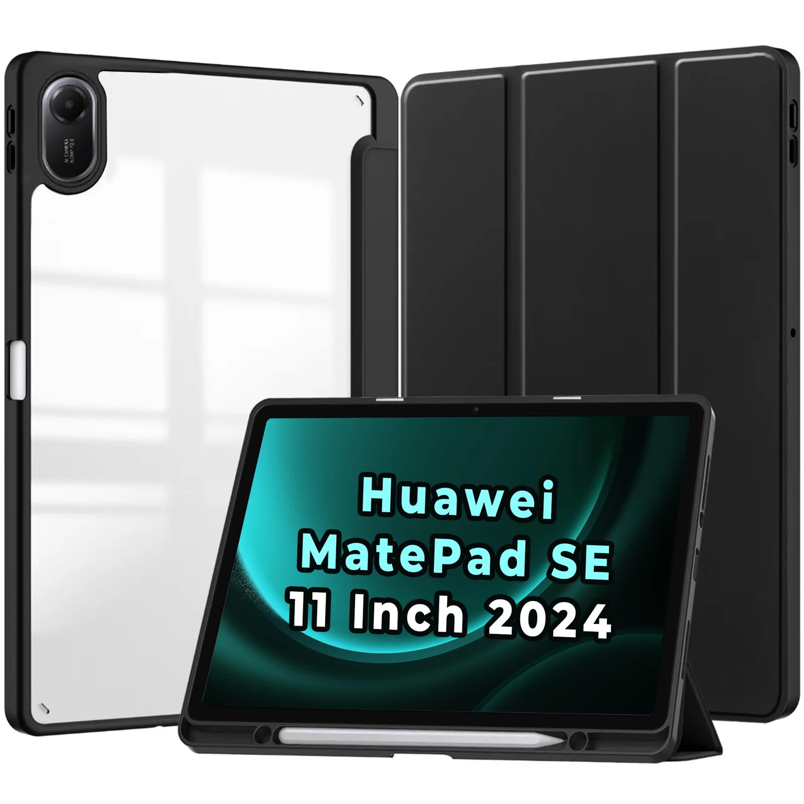 DL3 Mobilak Case for Huawei MatePad SE 11 inch 2024 with Built-in Pencil Holder, Clear Transparent PC Back, Shockproof Tri-Fold Stand Tablet Cover, Auto Wake/Sleep