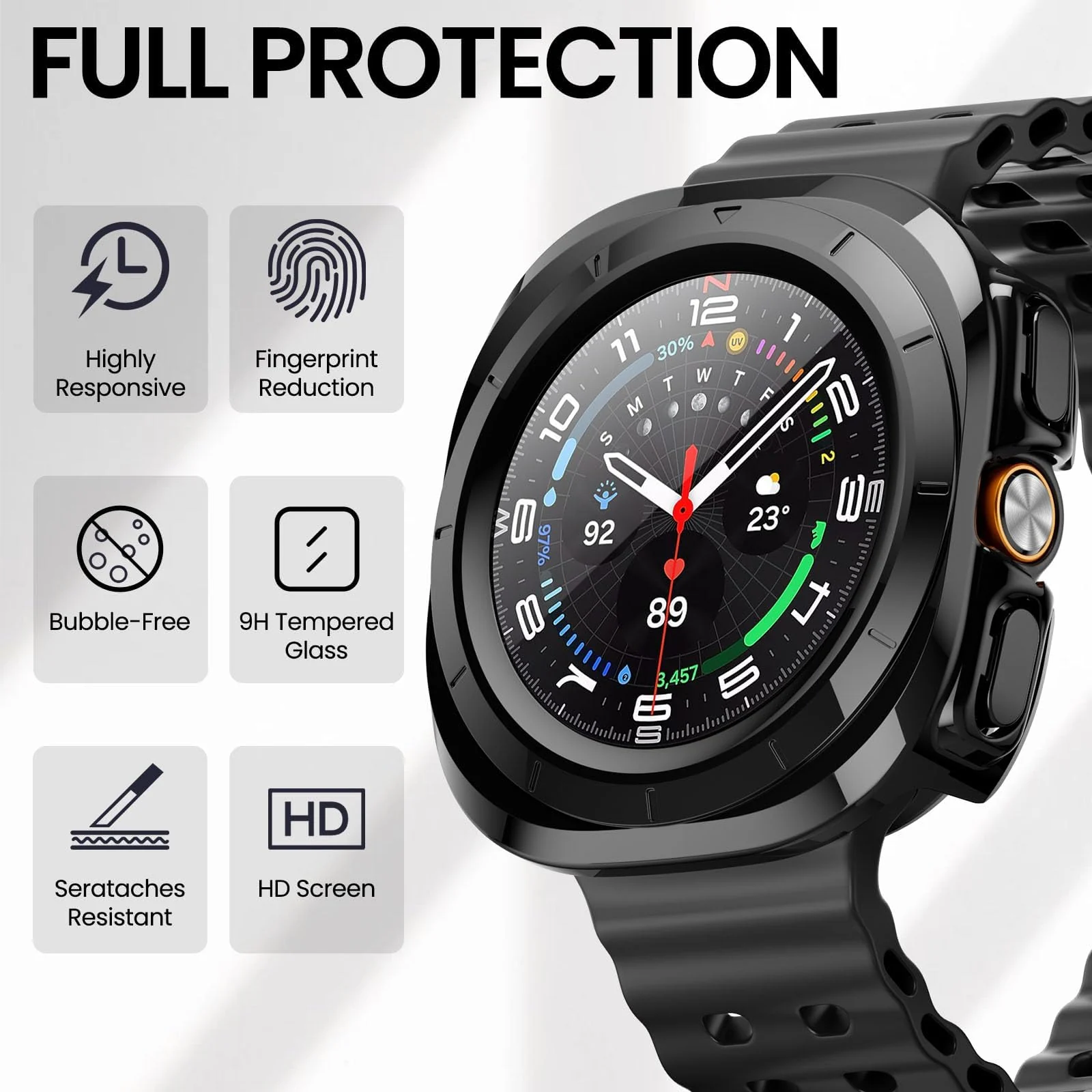 DL3 MOBILAK Case Compatible with Samsung Galaxy Watch Ultra 2025/Galaxy Watch 7 Ultra 2024 47mm, Full Coverage Slim Hard Case Protective Bumper Built-in Tempered Glass Screen Protector Shell - Black