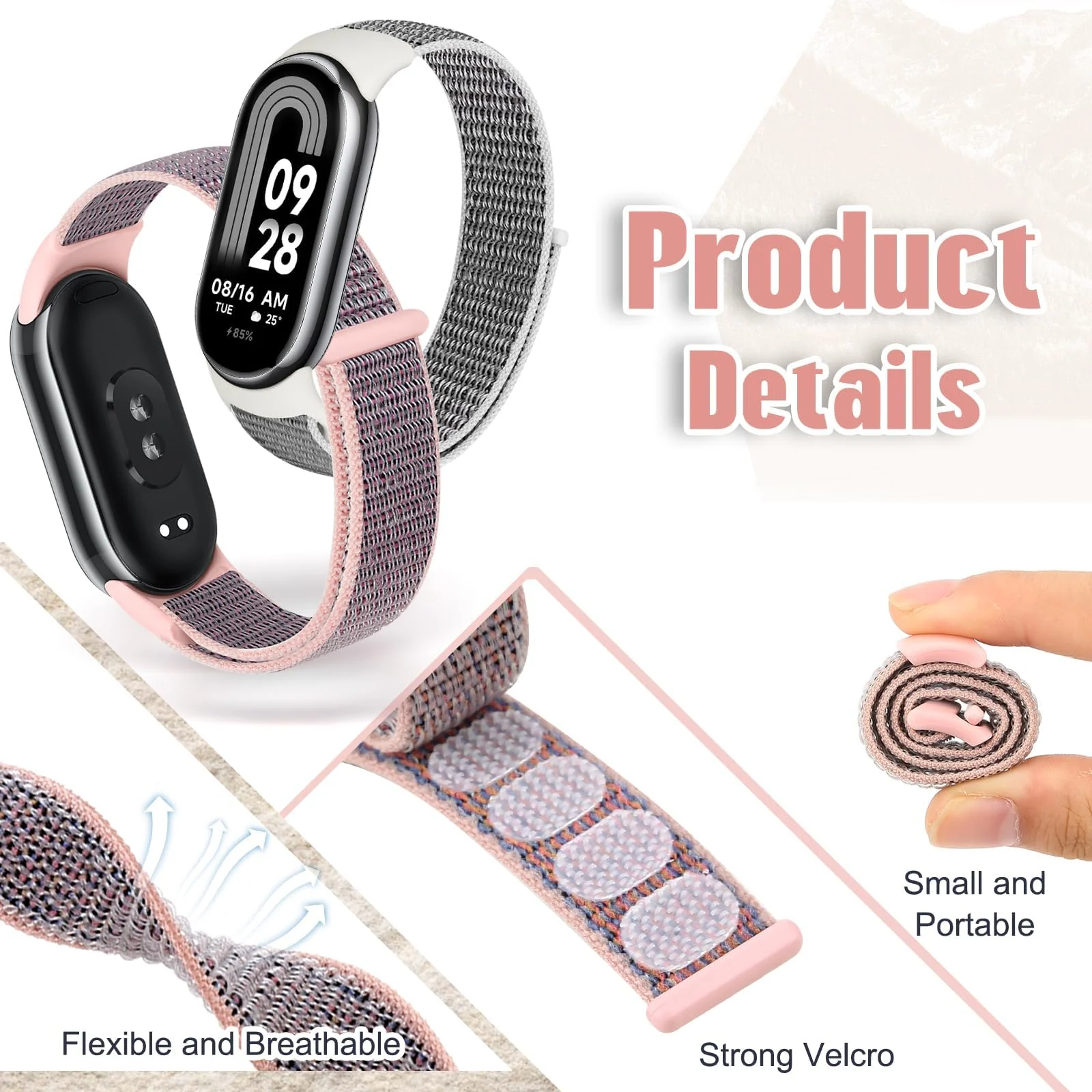 DL3 Mobilak Nylon Sport Band Compatible with Xiaomi Mi Band 10/9/8 for Women Men, Soft Adjustable Breathable Sport Loop Watch Strap Replacement Wristband for Xiaomi Smart Band 8/9/10 - Pink Sand