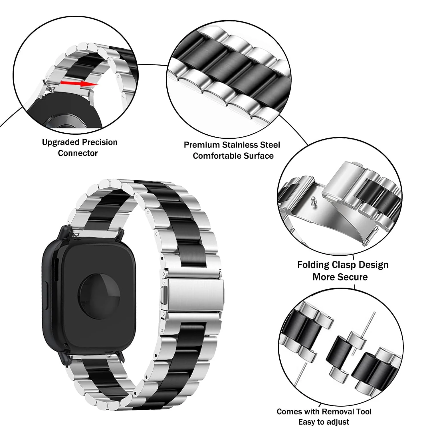 DL3 Mobilak Metal Bracelet Compatible with Xiaomi Redmi Watch 5 Active/Redmi Watch 5 Lite, 22mm Stainless Steel Replacement Band with Folding Clasp, Adjustable Replacement Bracelet Wristband - Silver Black