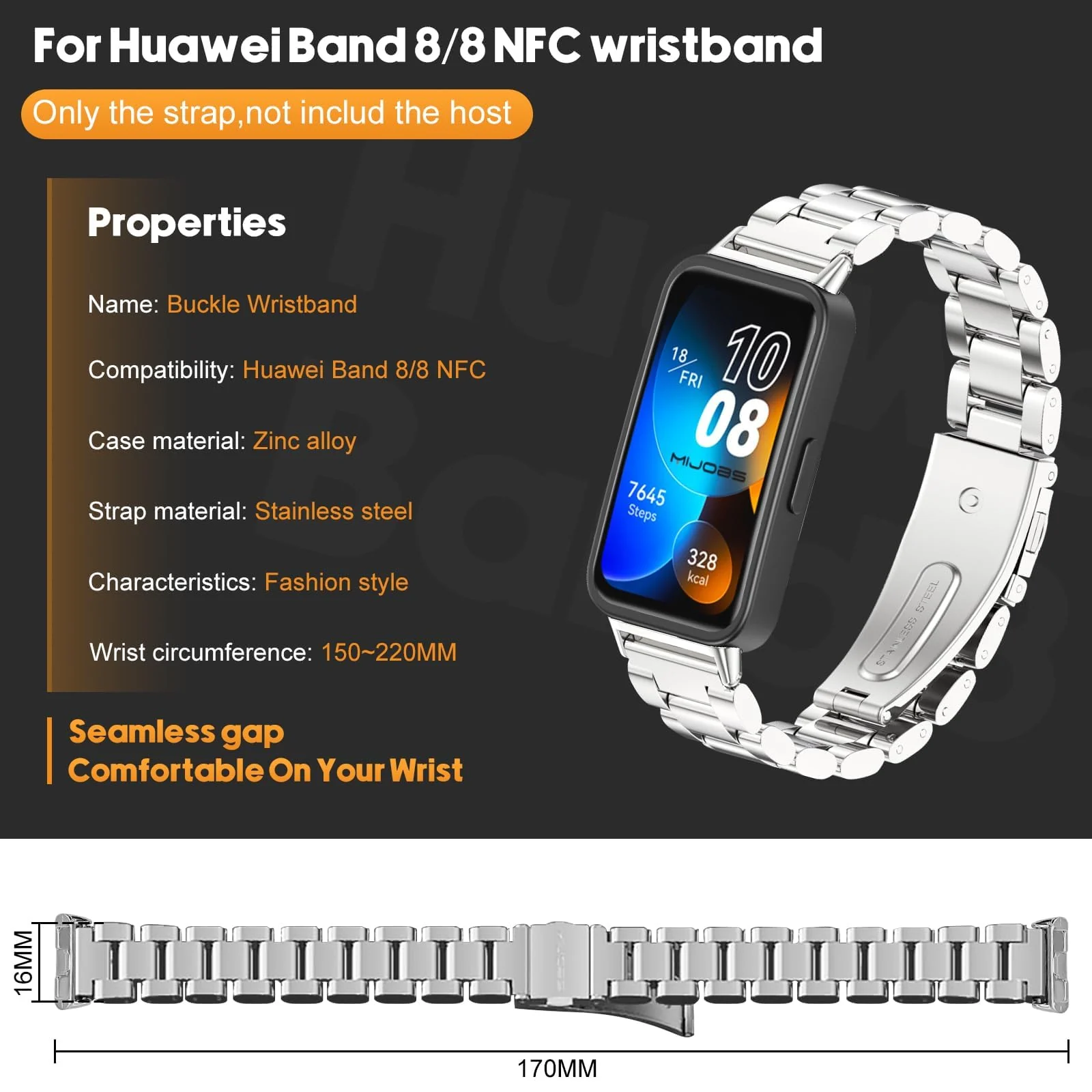 DL3 Mobilak Metal Strap Compatible with HUAWEI Band 10 / HUAWEI Band 9 / HUAWEI Band 8, Stainless Steel Replacement Band with Folding Clasp, Adjustable Replacement Bracelet Wristband - Black