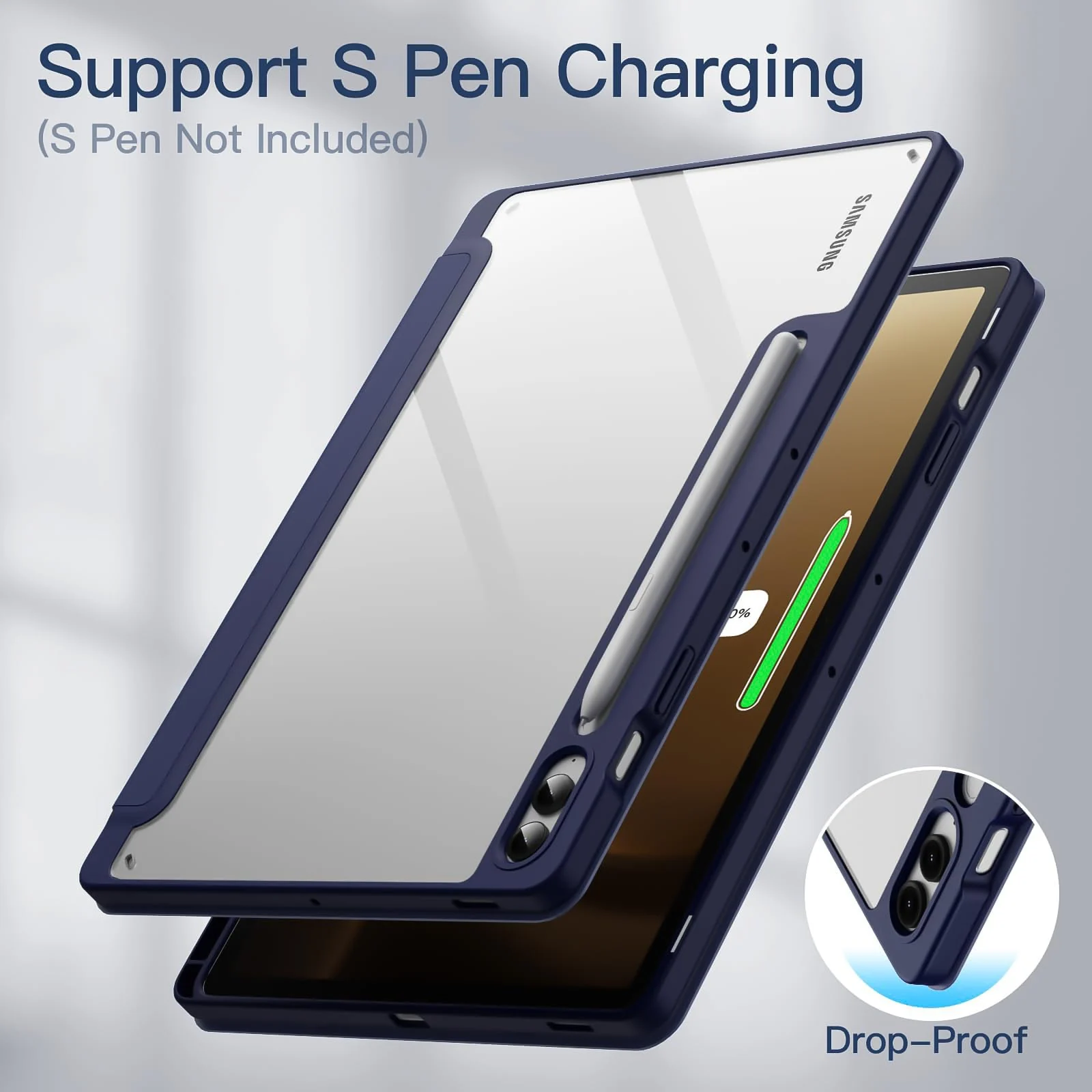 DL3 Mobilak Hybrid Slim Case for Samsung Galaxy Tab S9 FE+ / S9 FE Plus 12.4-Inch with S Pen Holder, Shockproof Cover with Clear Transparent Back Shell, Auto Wake/Sleep - Dark Blue