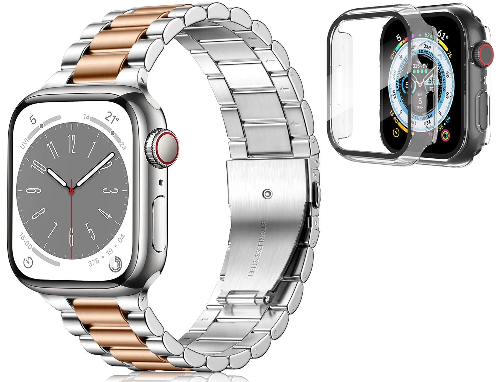 DL3 Mobilak Stainless Steel Band with Case Compatible with Apple Watch Band 45mm Series 9/8/7, Men Woman Business Strap with Protective Bumper Cover for iWatch Series 7/8/9 45mm - Silver Rose Gold