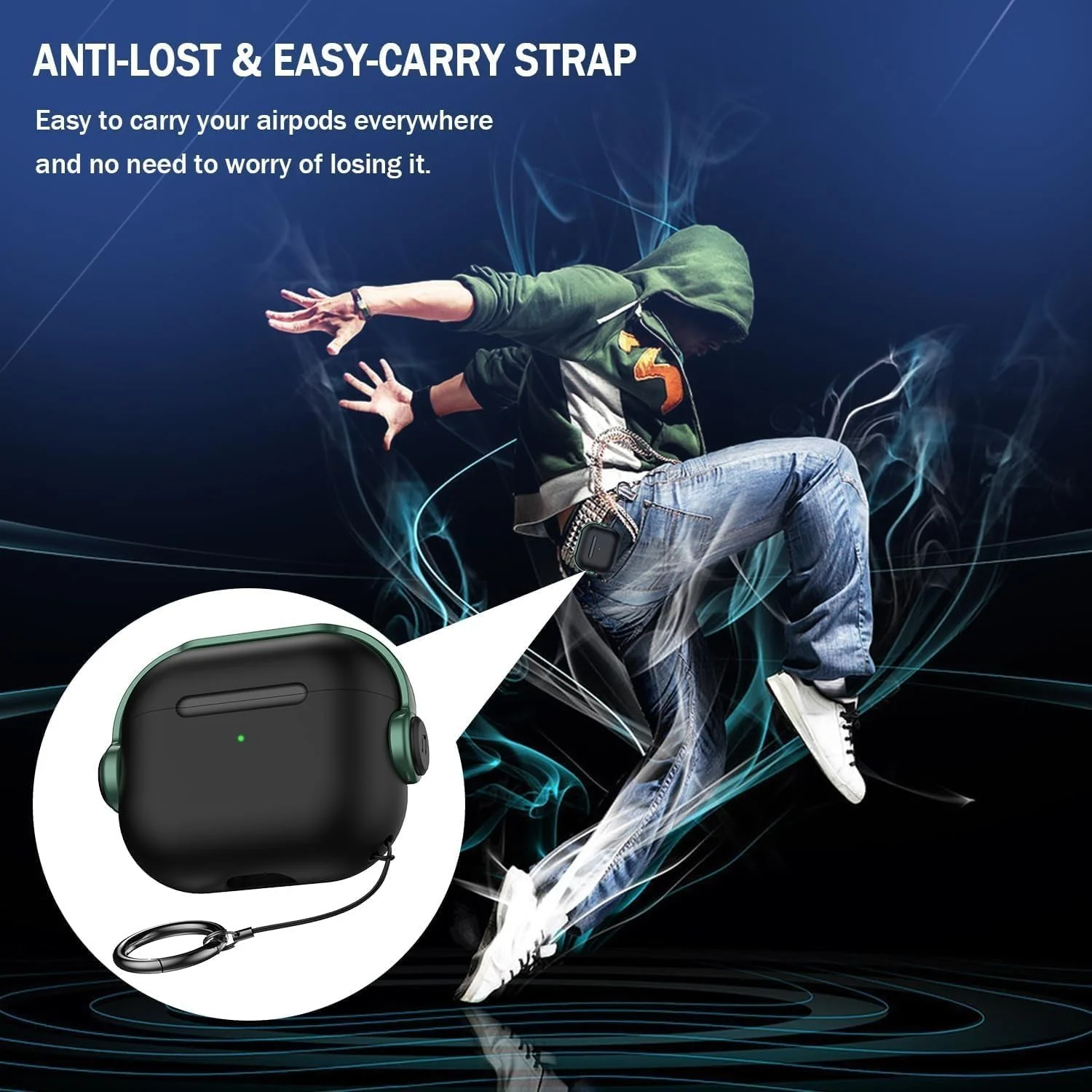 DL3 Mobilak Case for AirPods Pro Protective [With Closure Lid] [Front LED Visible] [With Wrist Strap] Skin Case Compatible with AirPods Pro 2019 - Black Green