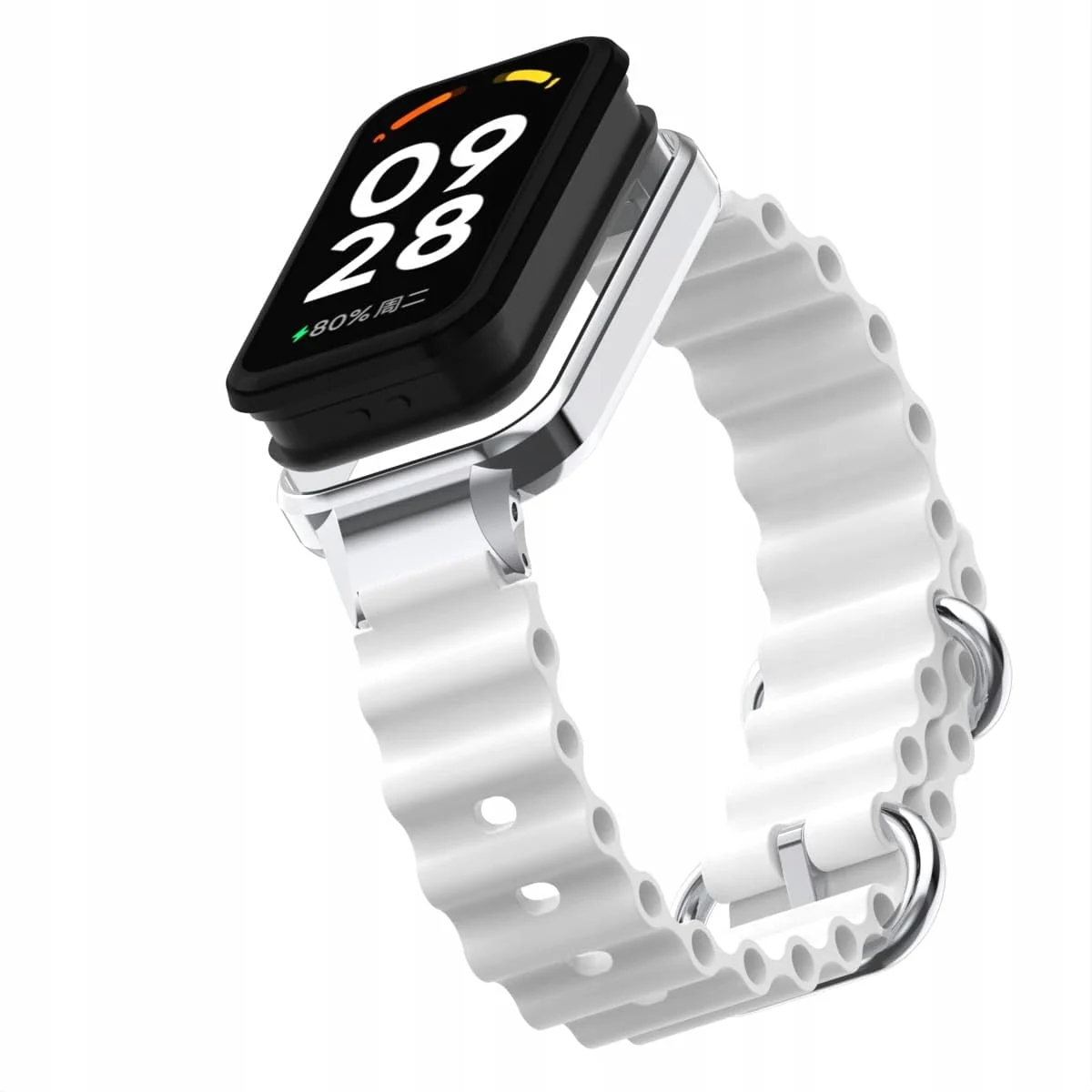 DL3 Mobilak Ocean Strap Compatible with Xiaomi Redmi Band 2/ Xiaomi Smart Band 8 Active, Adjustable Silicone Strap with Metal Buckle, Band With Frame Metal Women Men Replacement Strap - White