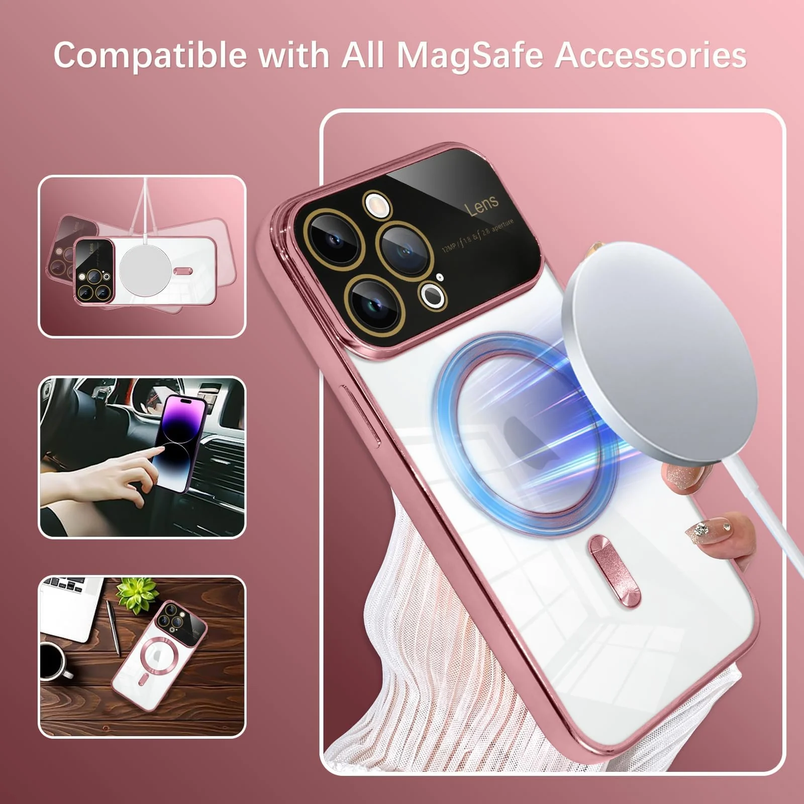 DL3 Mobilak Clear MagSafe-Compatible Magnetic Case for iPhone 13 Pro Max 6.7 Inch with Camera Protection and Shockproof Design - Pink