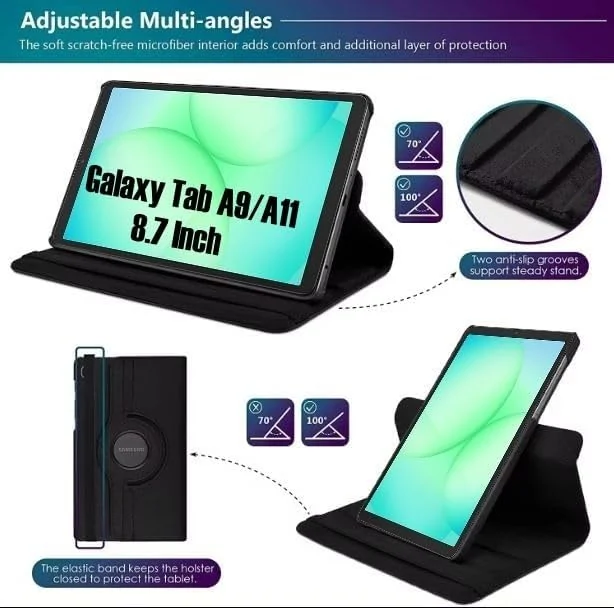 DL3 Mobilak Protective Cover for Samsung Galaxy Tab A9 8.7-inch (SM-X110/X115/X117), 360° Rotatable Smart Stand, Leather Folio Flip Cover with Multi-Angle Viewing, Auto Wake Sleep - Black