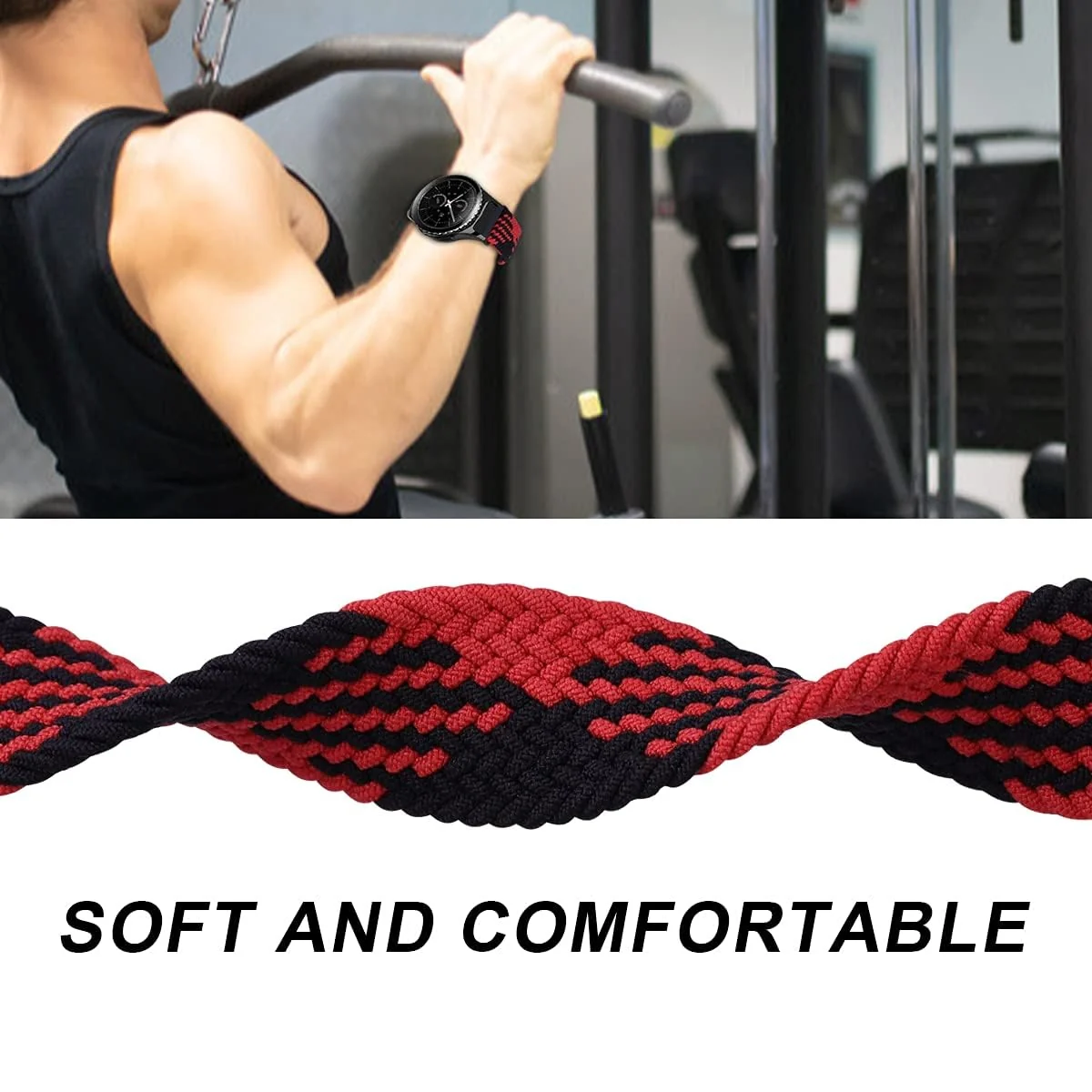 DL3 Mobilak Band 20MM Nylon Braided Solo Loop Strap For Samsung Gear Sport/Watch 6/5/4 40mm 44mm/Watch 6 Classic 43mm 47mm/ 5 Pro 45mm/active 2 40mm 44mm (Medium) - Black Red