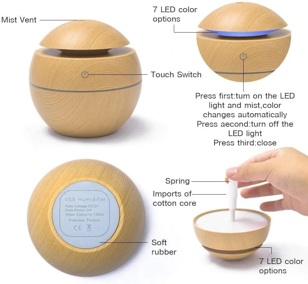 Mobigon Wood Cool Mist Ultrasonic Humidifier for Room Moisture, Aroma Diffuser for Home, 200ml Essential Oil Diffuser with 7 Colorful Night Light, Auto Shut-Off, Home, Office, car - A.Light Brown