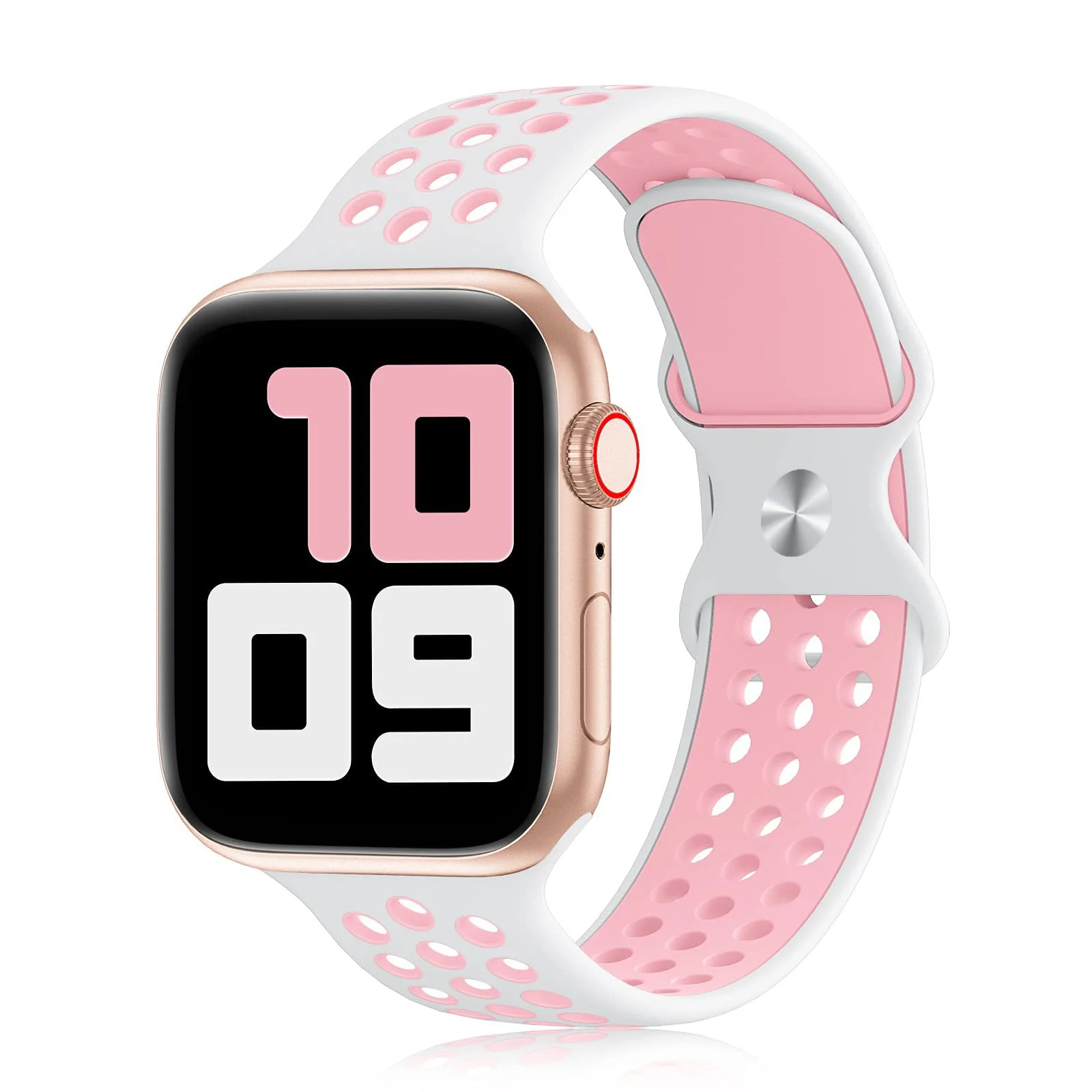 42mm/44mm/45mm/49mm — DL3 Mobilak Sport Strap For Apple Watch 49mm 45mm 44mm 42mm 41mm 40mm 38mm, Breathable Silicone Double Hole Band, for iWatch Ultra 2 Series 9 8 7 6 5 4 3 SE (&, 42mm/44mm/45mm/49mm) - White & Light Pink