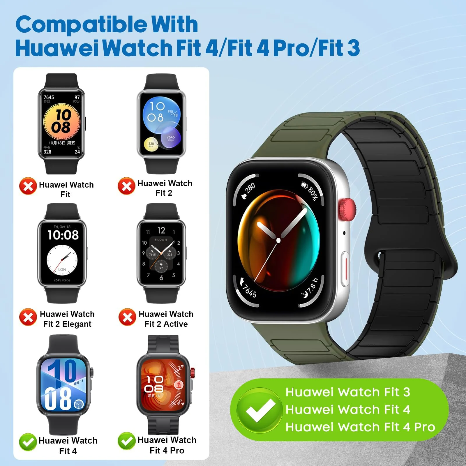 DL3 Mobilak Magnetic Strap for Huawei Watch Fit 4 Pro/Fit4/Fit 3 Replacement Straps Strong Silicone, Easy to Wear, Waterproof, Sporty, Daily Wear Watchbands for Men and Women - Green | Black