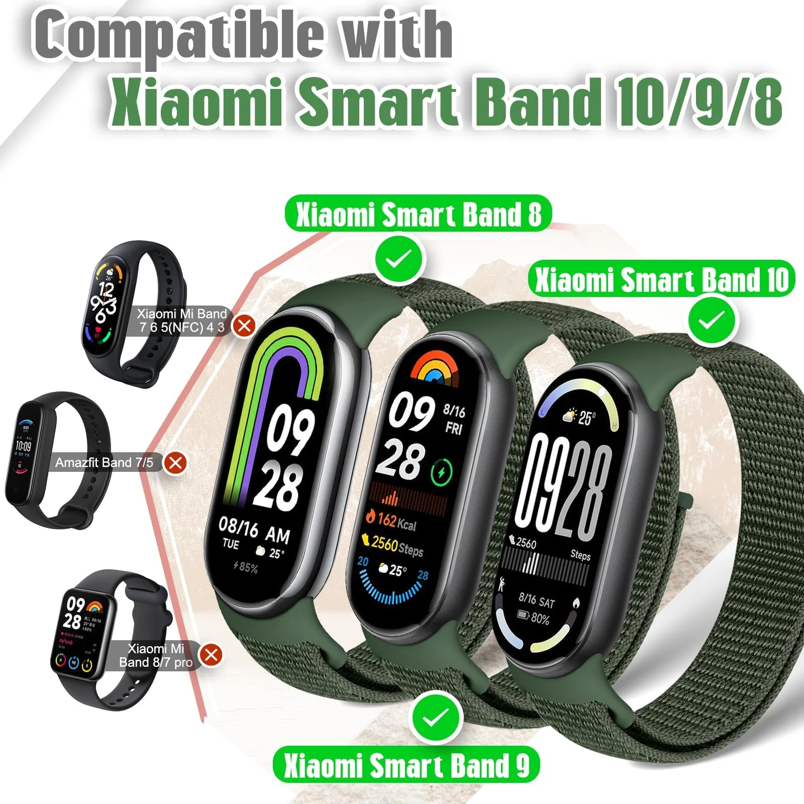 DL3 Mobilak Nylon Sport Band Compatible with Xiaomi Mi Band 10/9/8 for Women Men, Soft Adjustable Breathable Sport Loop Watch Strap Replacement Wristband for Xiaomi Smart Band 8/9/10 - Green