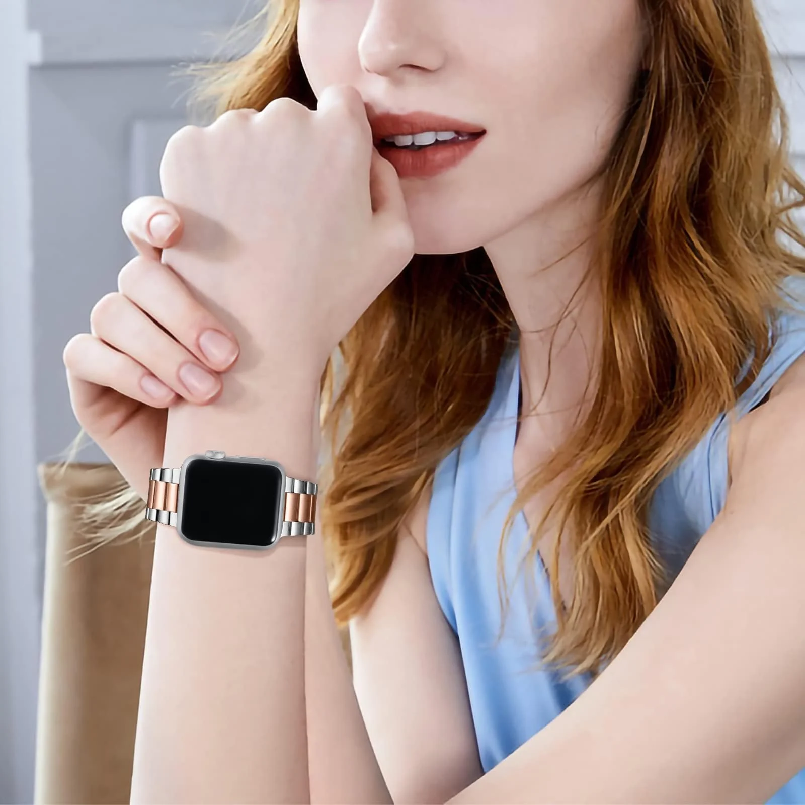 DL3 Mobilak Stainless Steel Band with Case Compatible with Apple Watch Band 45mm Series 9/8/7, Men Woman Business Strap with Protective Bumper Cover for iWatch Series 7/8/9 45mm - Silver Rose Gold