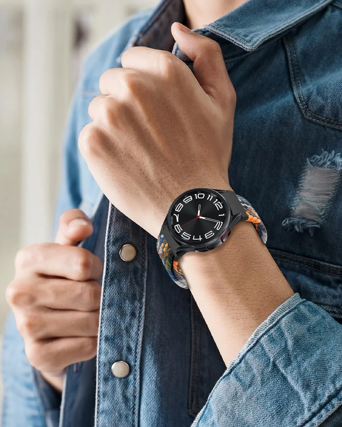 DL3 Mobilak 20mm Magnetic Band for Samsung Galaxy Watch 7/6/5/4/FE Band 40mm 44mm/Galaxy Watch 6/4 Classic Bands 47mm 43mm 46mm 42mm/Watch 5 pro 45mm/3 41mm/Active 2, Stretchy Braided Nylon Magnetic Sport Strap - Denim Colorful