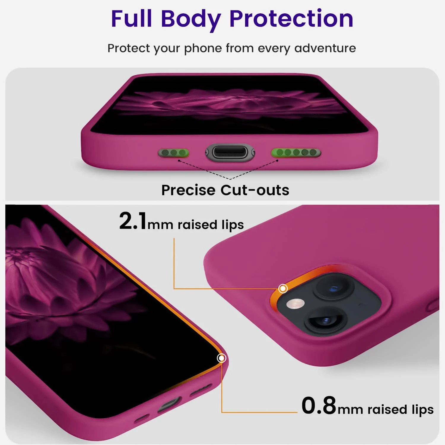 DL3 Mobilak Liquid Silicone Protective Case for iPhone 13 / iPhone 14 with Camera Protection and Microfiber Lining - Fuchsia