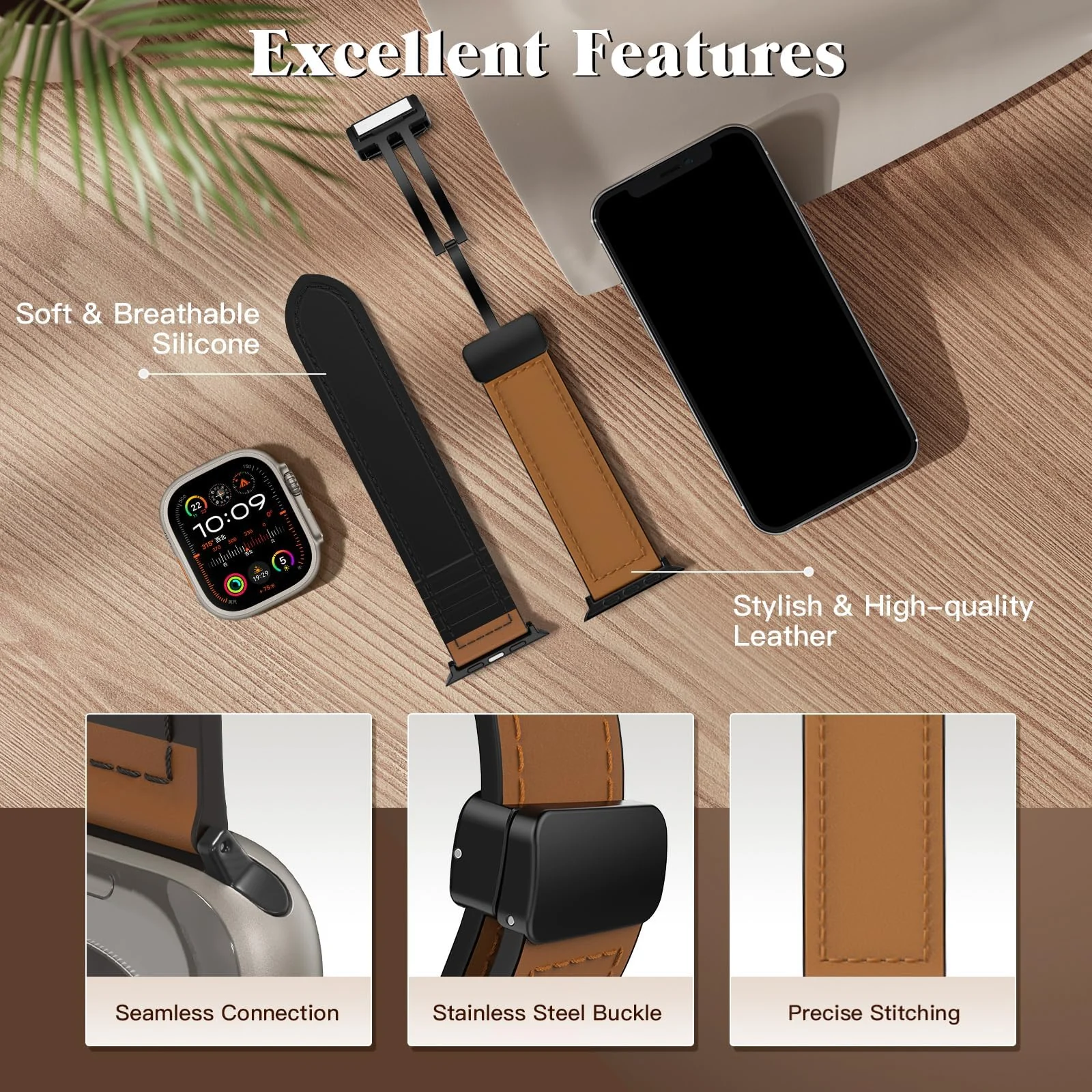 DL3 Mobilak Compatible with Huawei Watch Fit 5 / Fit 5 Pro / Fit4 / 4 Pro/Fit 3 Strap for Women Men, Soft Flexible Leather Silicone Hybrid Sport Wristband Magnetic Buckle Bracelet Replacement Strap - Brown