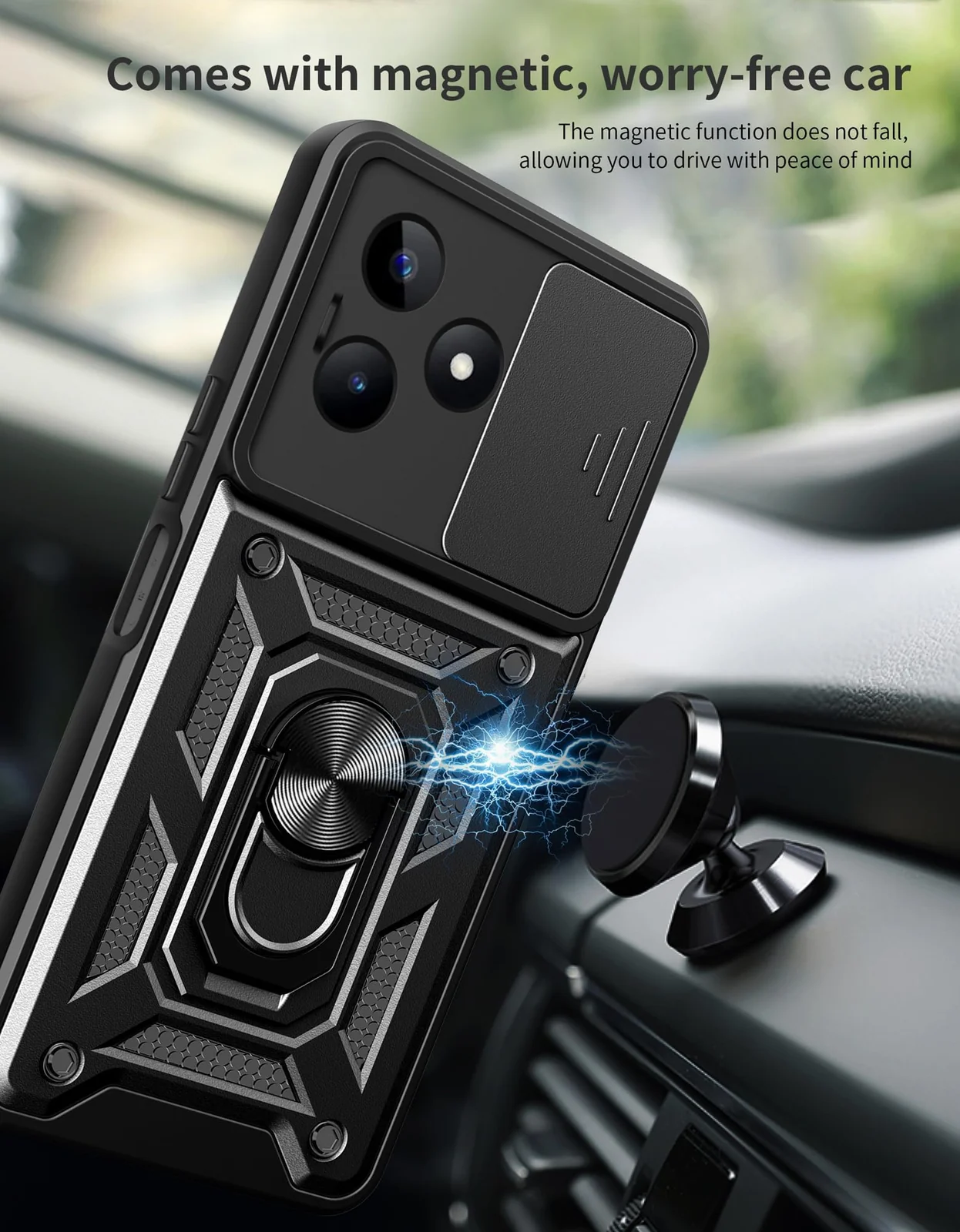 DL3 Mobilak Silicone Protective Case for realme C53 / Narzo N53 with Slide Camera, Built-in magnetic car-mount support, Shock-absorbing protection, Built-in kickstand - Black