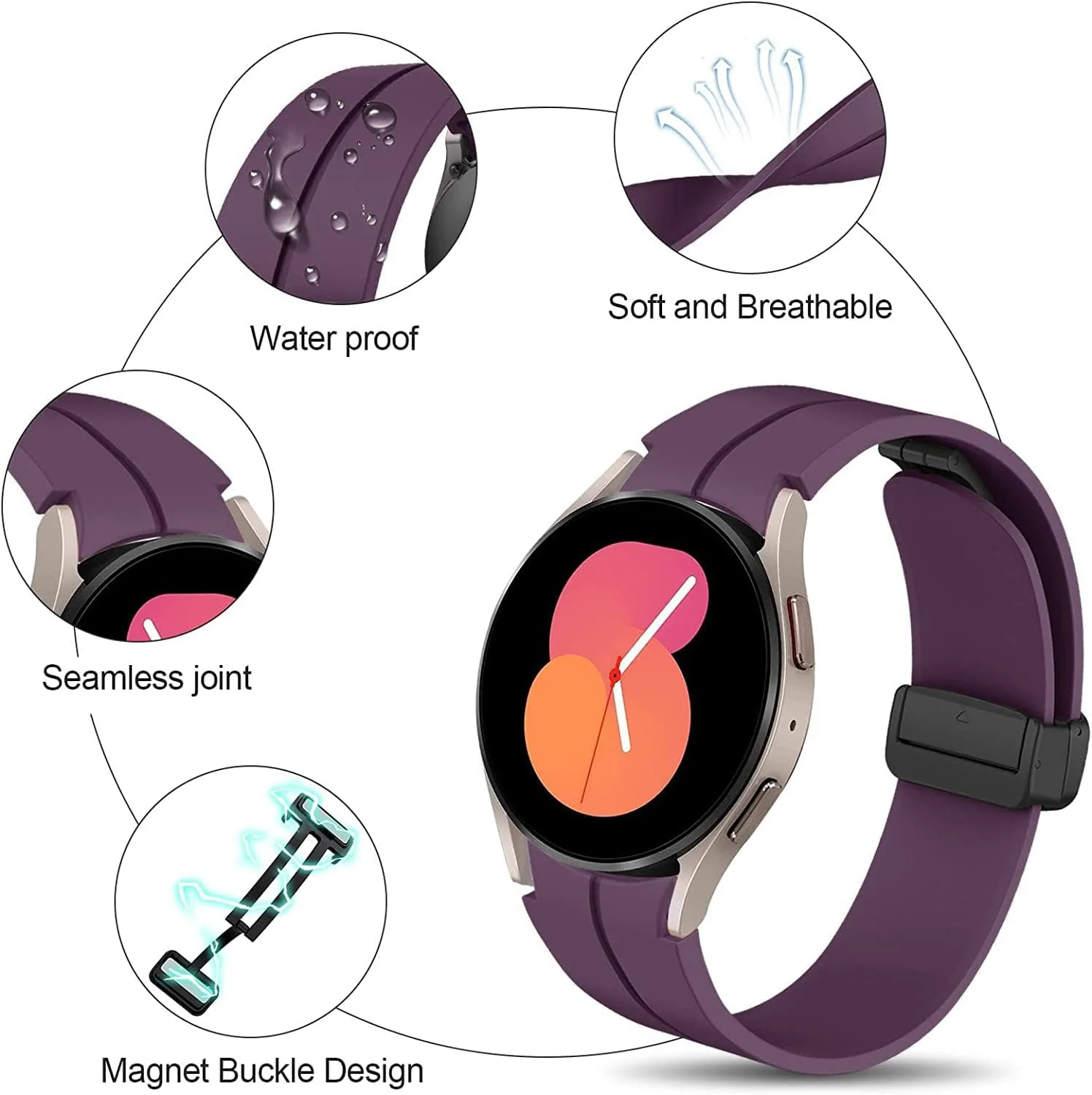 DL3 Mobilak Strap Compatible with Samsung Galaxy Watch 7 FE 6 5 4 Strap 40mm 44mm/Watch 6 Classic 43mm 47mm/5 Pro 45mm/4 Classic 42mm 46mm, No Gap Magnetic Clasp Silicone Band - Wine Red