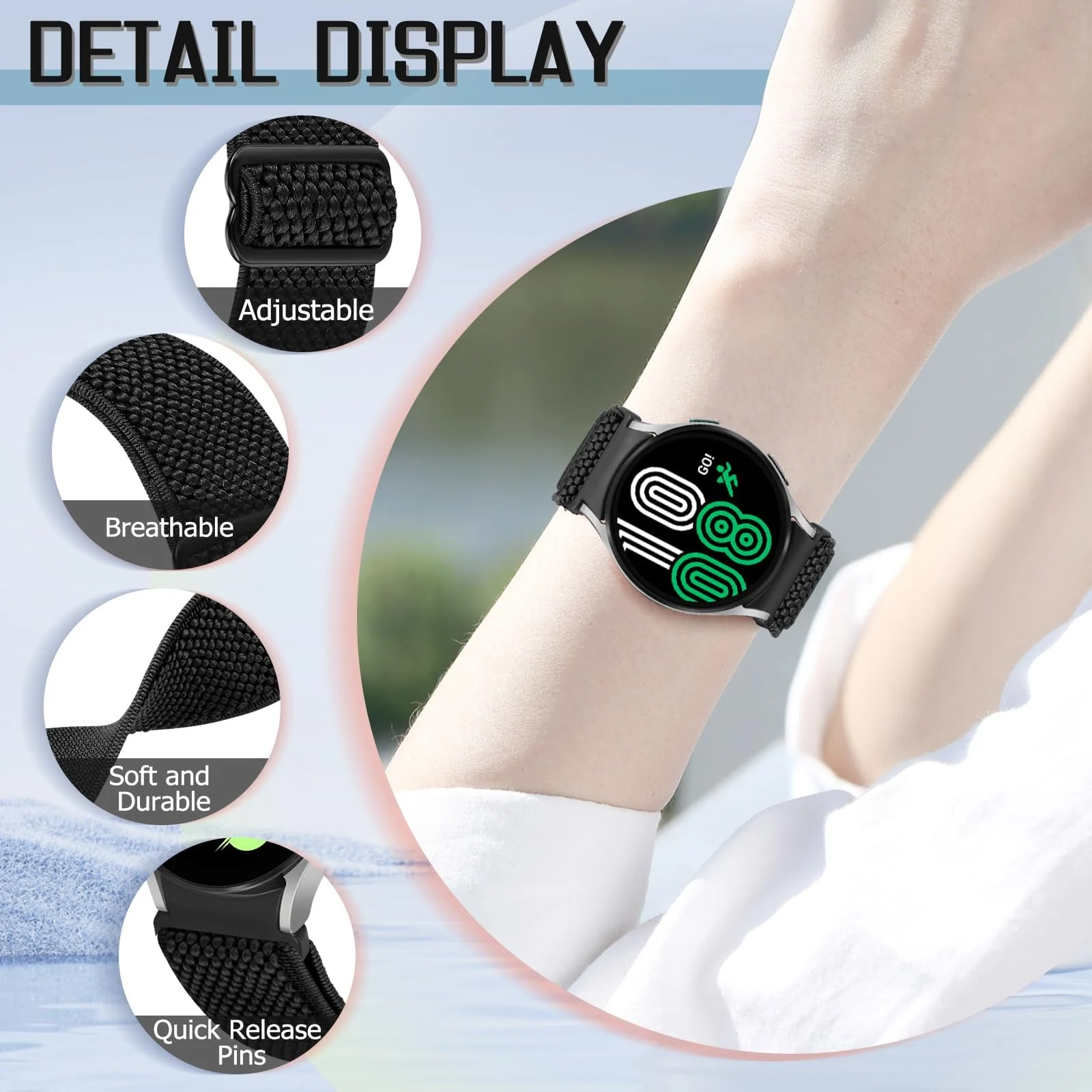 DL3 Mobilak Elastic Bands Compatible with Samsung Galaxy Watch 6 5 4 Bands 40mm 44mm/Watch 5 Pro Band 45mm/Watch 4 6 Classic Bands 42mm 43mm 46mm 47mm, Stretchy Nylon Solo Loop Strap - Black