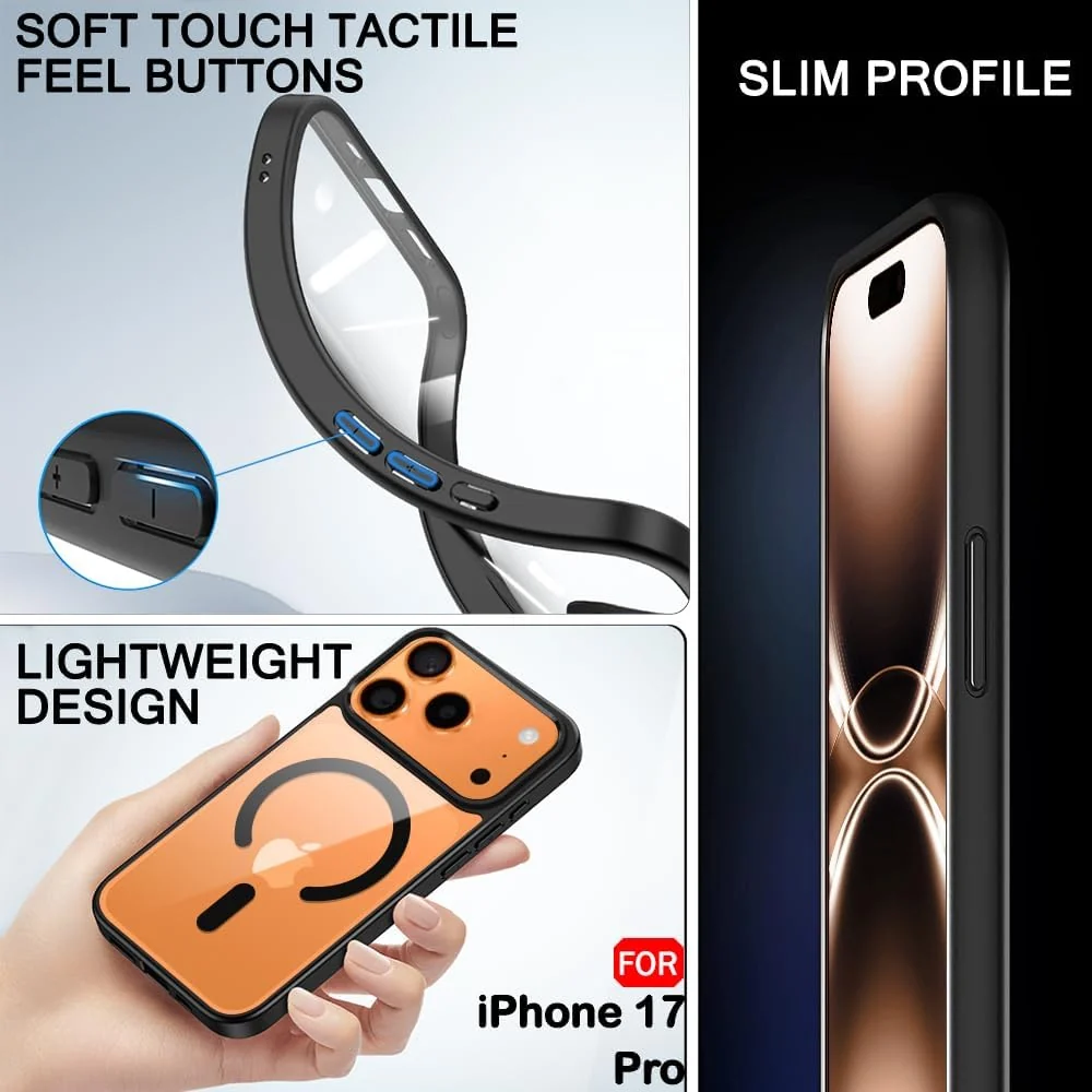 DL3 Mobilak Magnetic Case for iPhone 17 Pro 6.3-Inch Compatible with MagSafe, Shockproof Phone Bumper Cover, Solid Color Matte TPU Frame, Anti-Scratch Clear Back - Black