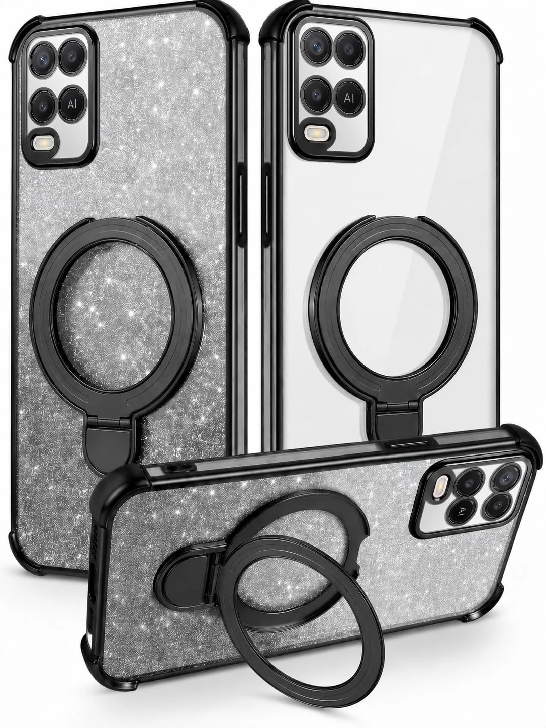 Mobigon Glitter Phone Case Compatible with OPPO A54 4G, Magnetic Ring Stand Shockproof Cover, Clear Soft TPU Bumper with Full Camera Protection - Black
