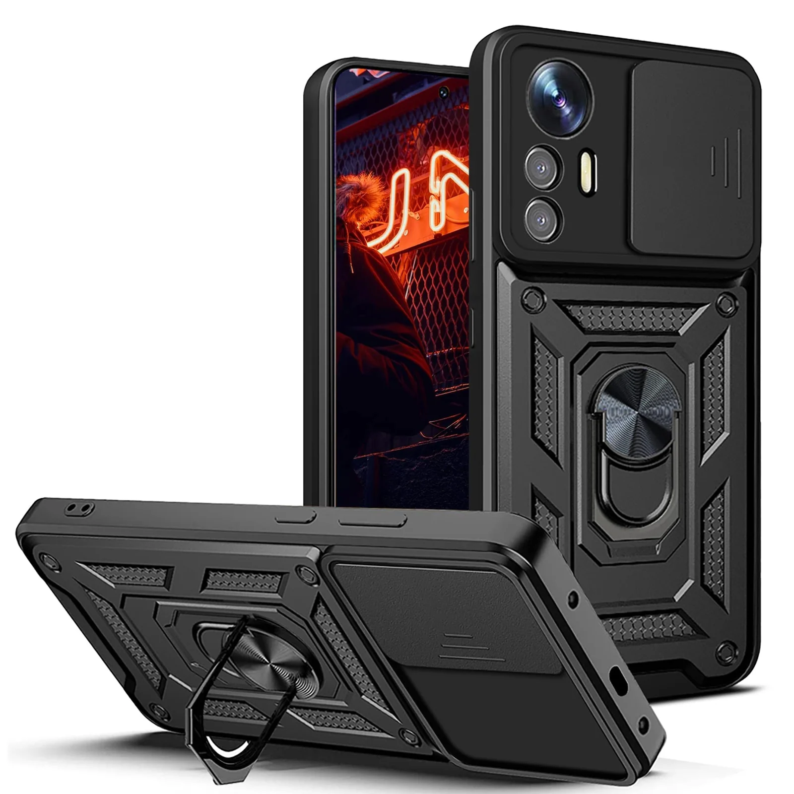 DL3 Mobilak Military-Grade Protective Case with Sliding Camera Cover, Metal Ring Kickstand and Magnetic Car-Mount Support for Xiaomi Redmi Note 12S - Black