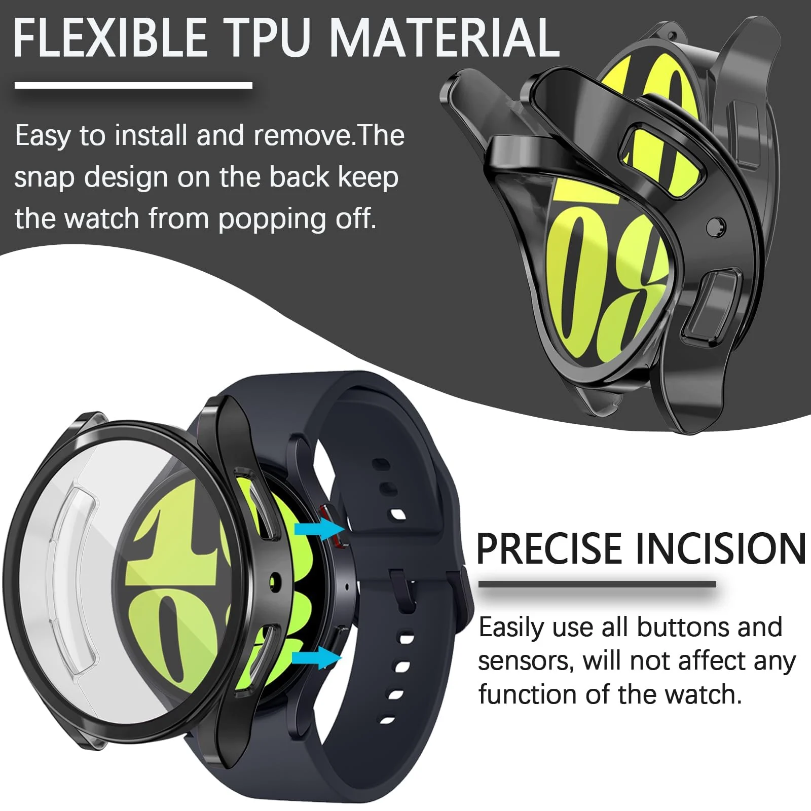 DL3 Mobilak Screen Protector Case for Samsung Galaxy Watch 6 44mm, Flexible TPU Cover Shockproof Protective Case Plated Bumper Shell Galaxy Watch 6 44mm - Black