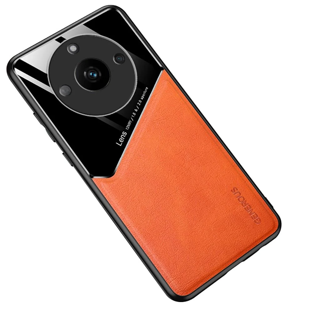 DL3 Mobilak Faux Leather and Plexiglass TPU Case for realme 11 Pro 5G / realme 11 Pro+ Plus 5G with Magnetic Car-Mount Support and Shockproof Design - Orange