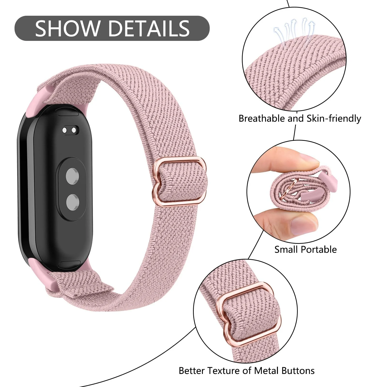 DL3 Mobilak Strap for Xiaomi Mi Band 10 / Xiaomi Mi Band 9 / Xiaomi Mi Band 8, Elastic Nylon Straps, Adjustable Breathable Replacement Bracelet for Xiaomi Smart Band 8/9/10 for Women Men - Pink