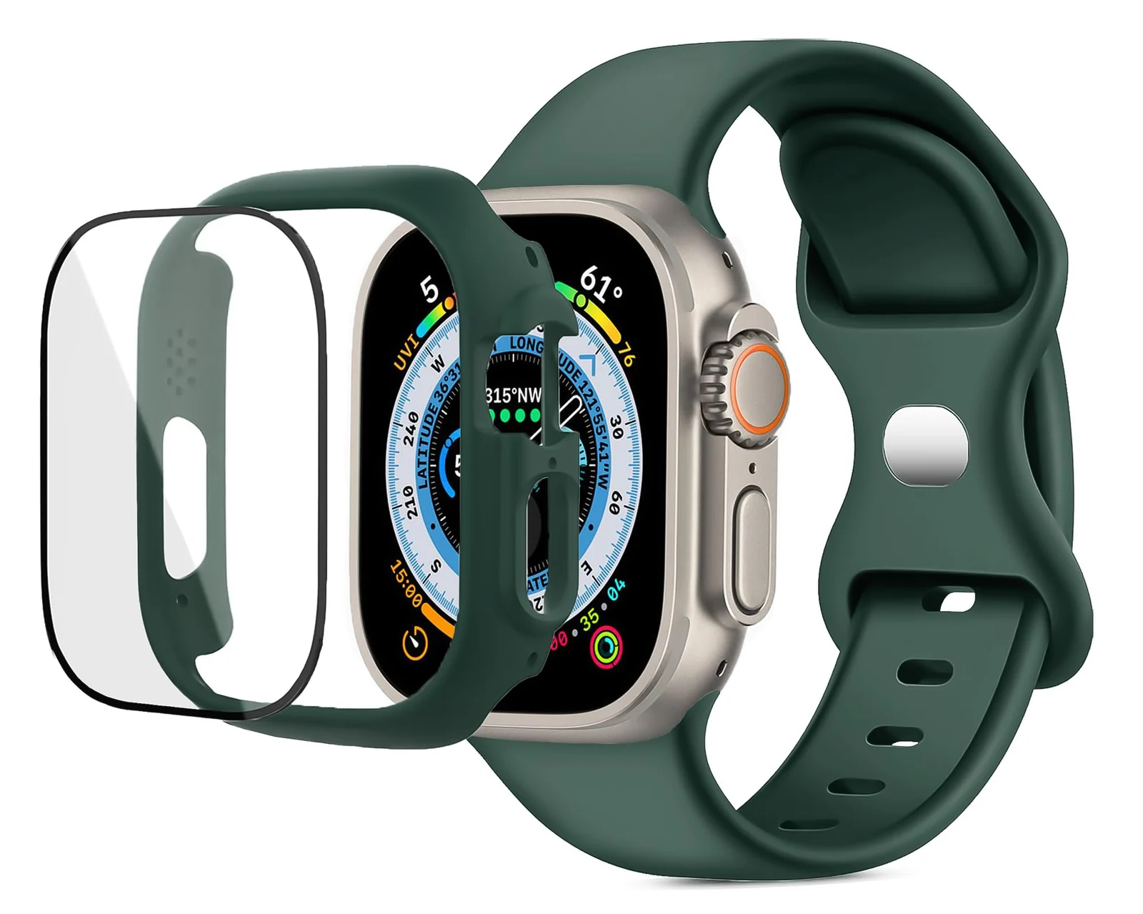 DL3 Mobilak Band with Case For Apple Watch Ultra/Ultra 2 49mm, Adjustable Silicone Sport Wristband Replacement, Strap With Cover Built-in Glass Screen Protector for iWatch Ultra 49 mm - Green