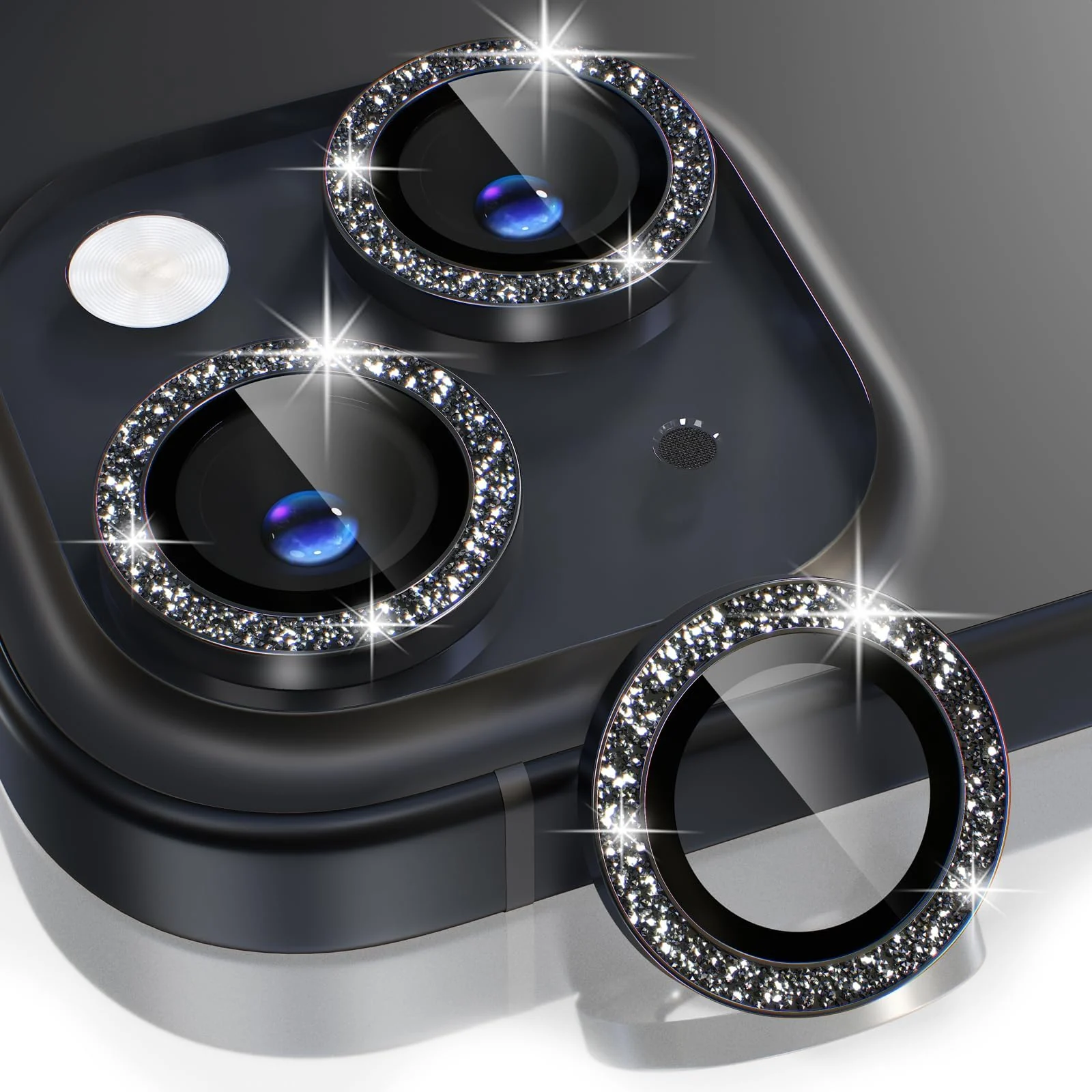 DL3 Mobilak Compatible with iPhone 15/15 Plus & iPhone 14/14 Plus Camera Lens Protector, Anti-Scratch HD Tempered Glass Lens Screen Protection Cover, Metal Individual Lens Ring - Glitter Black