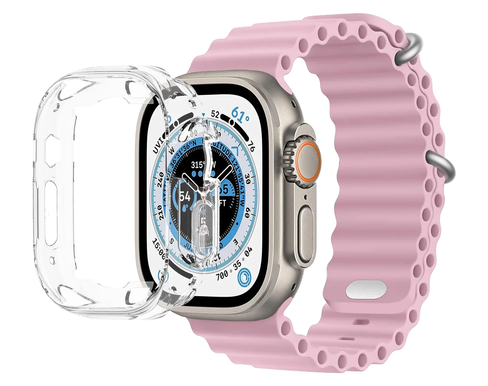 DL3 Mobilak Ocean Band with Case For Apple Watch Ultra 49mm, Adjustable Silicone Sport Loop Ocean Strap Men Women Strap With Protective Cover Screen Shockproof for iWatch Ultra 2 49mm - Pink