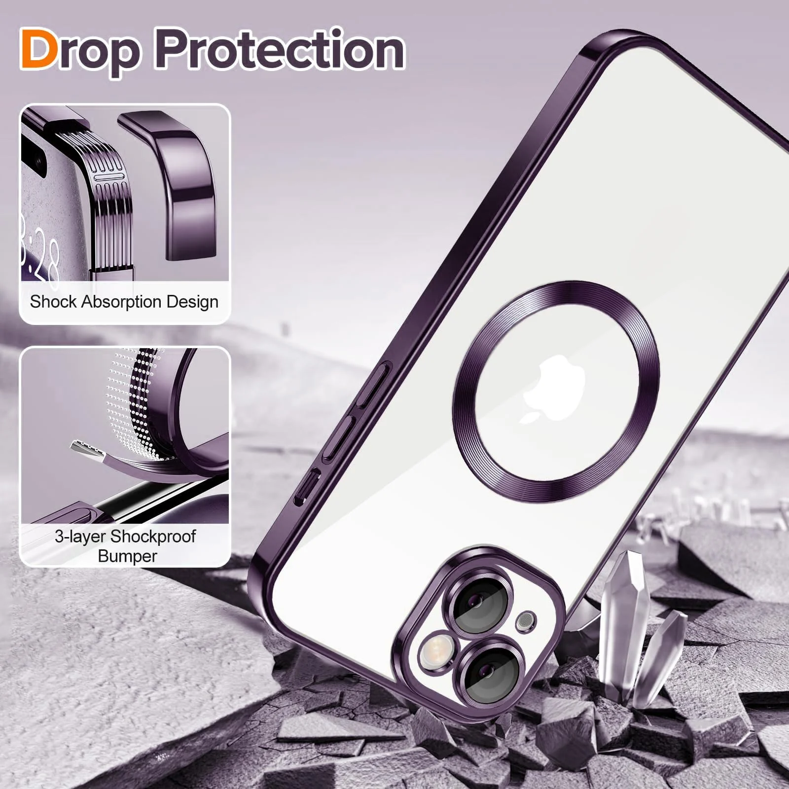 DL3 Mobilak Clear TPU Case with Electroplated Edges for iPhone 14 with Camera Protection and Anti-Yellowing Design - Deep Purple