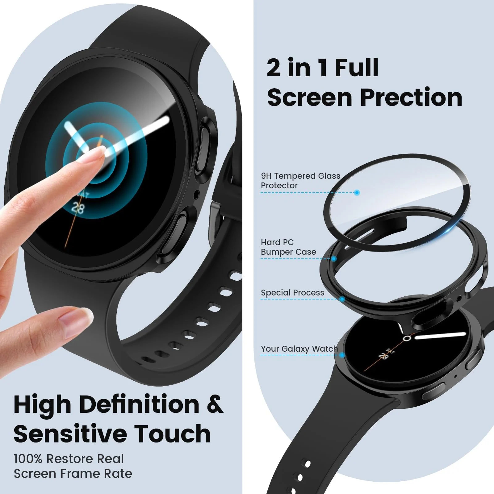 DL3 Mobilak Case Compatible with Samsung Galaxy Watch 8 44mm, Full Coverage Slim Hard Case Protective Bumper Built-in Tempered Glass Screen Protector Shell for Galaxy Watch8 44 mm - Black