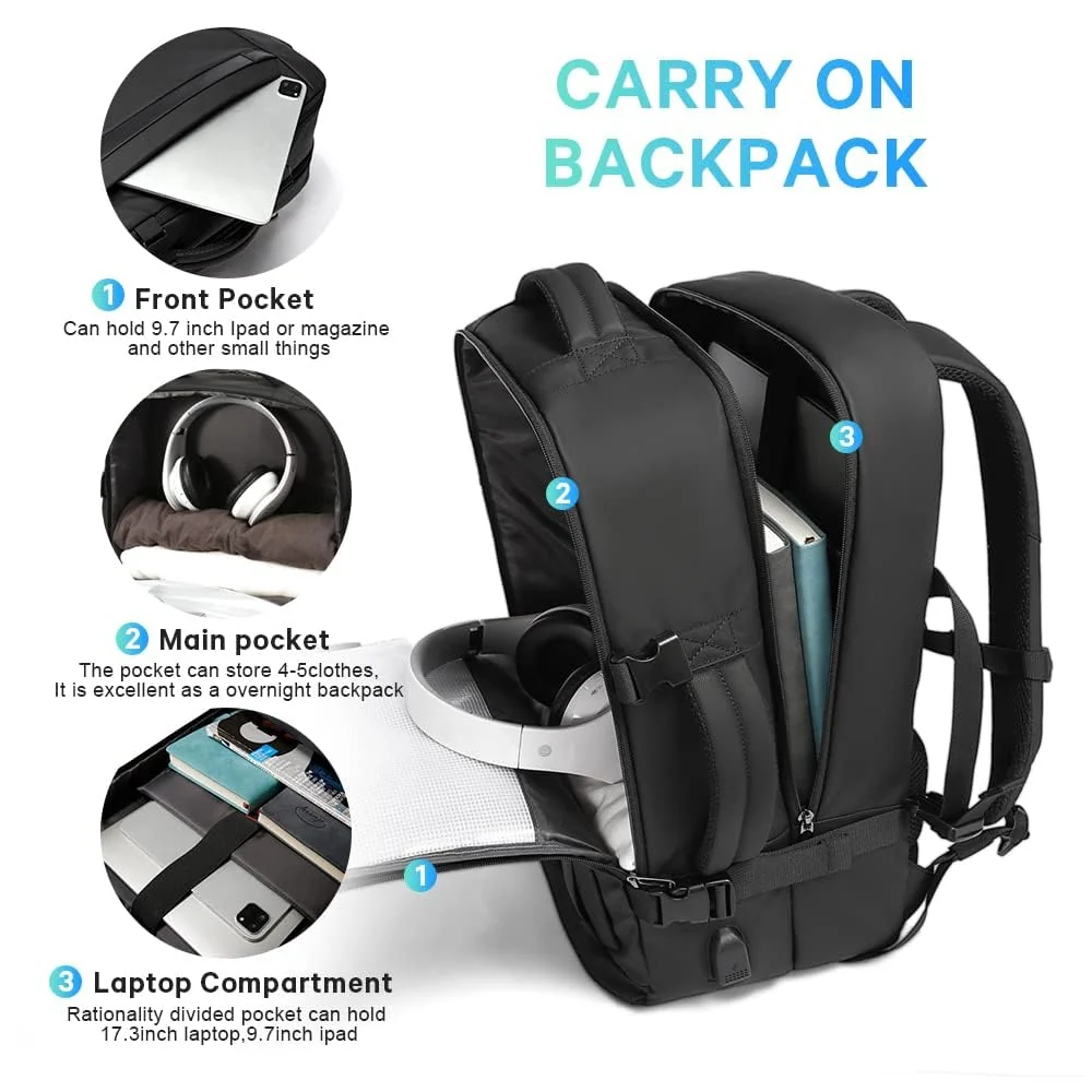 Mobigon Men's Big Travel Backpack with USB Charging Port, 18 Inch Laptop Backpack, Waterproof Leather Business Rucksack, Carry On Big Bag with Anti-Theft Pocket & Luggage Strap - Black