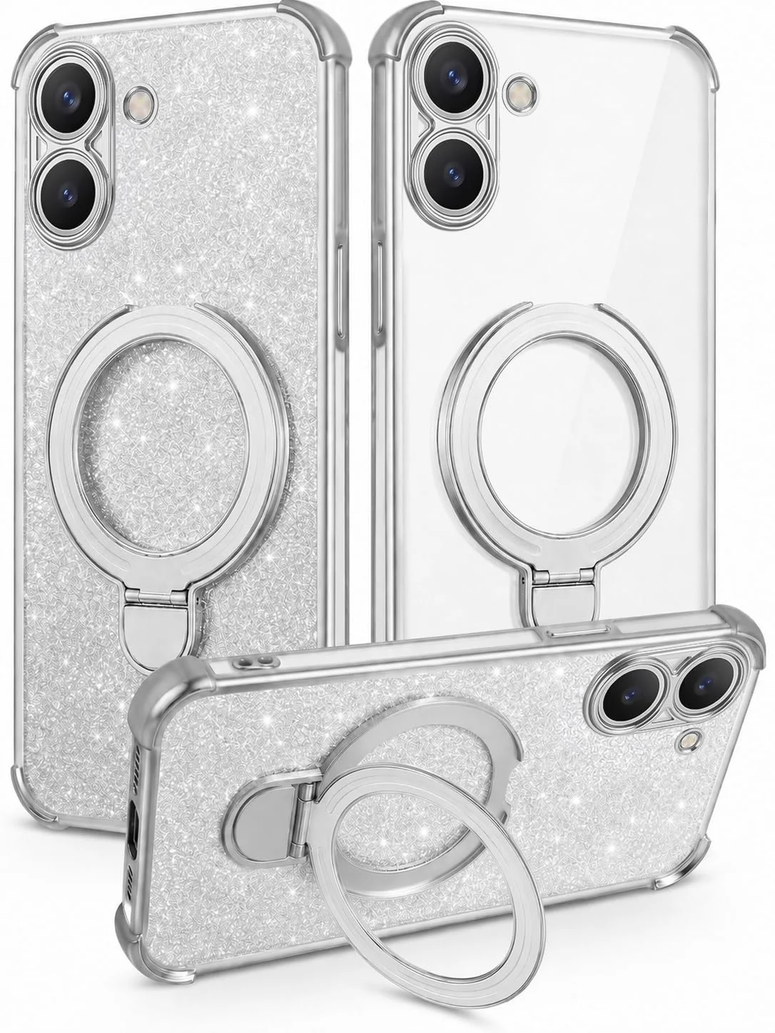 MOBIGON Glitter Phone Case with Magnetic Ring Stand for Xiaomi Redmi 13C 4G / POCO C65, Silver