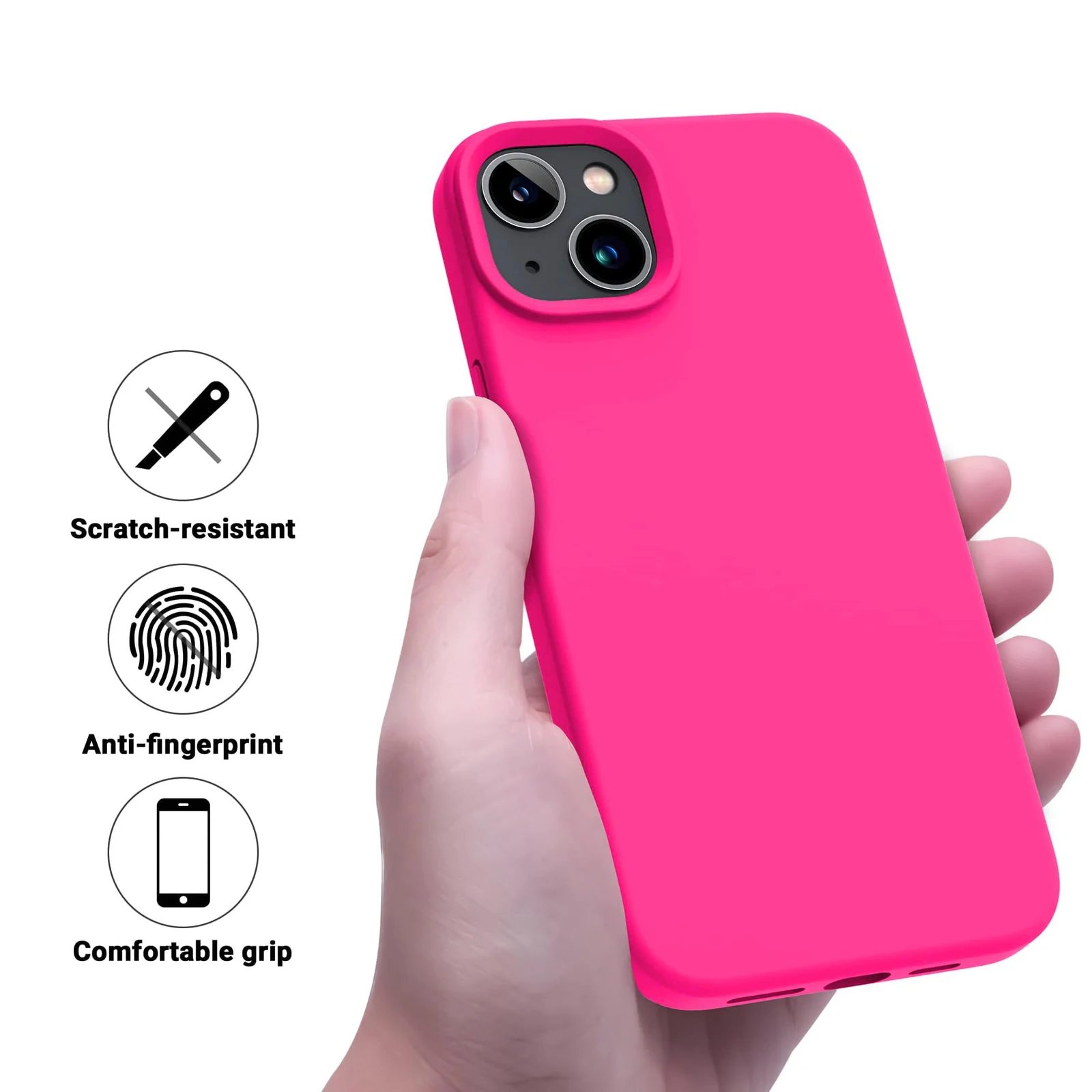 DL3 Mobilak Liquid Silicone Protective Case for iPhone 13 / iPhone 14 with Camera Protection and Microfiber Lining - Neon Pink