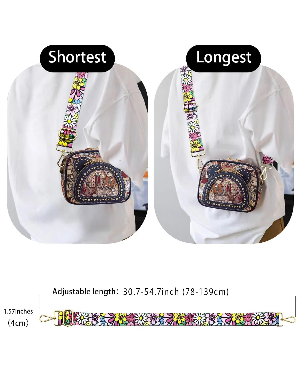 DL3 Mobilak Adjustable Wide Crossbody Bag Strap for Women, Replacement Shoulder Strap for Handbags, Totes & Purses with Elegant Embroidered Pattern and Metal Hooks - Daisy
