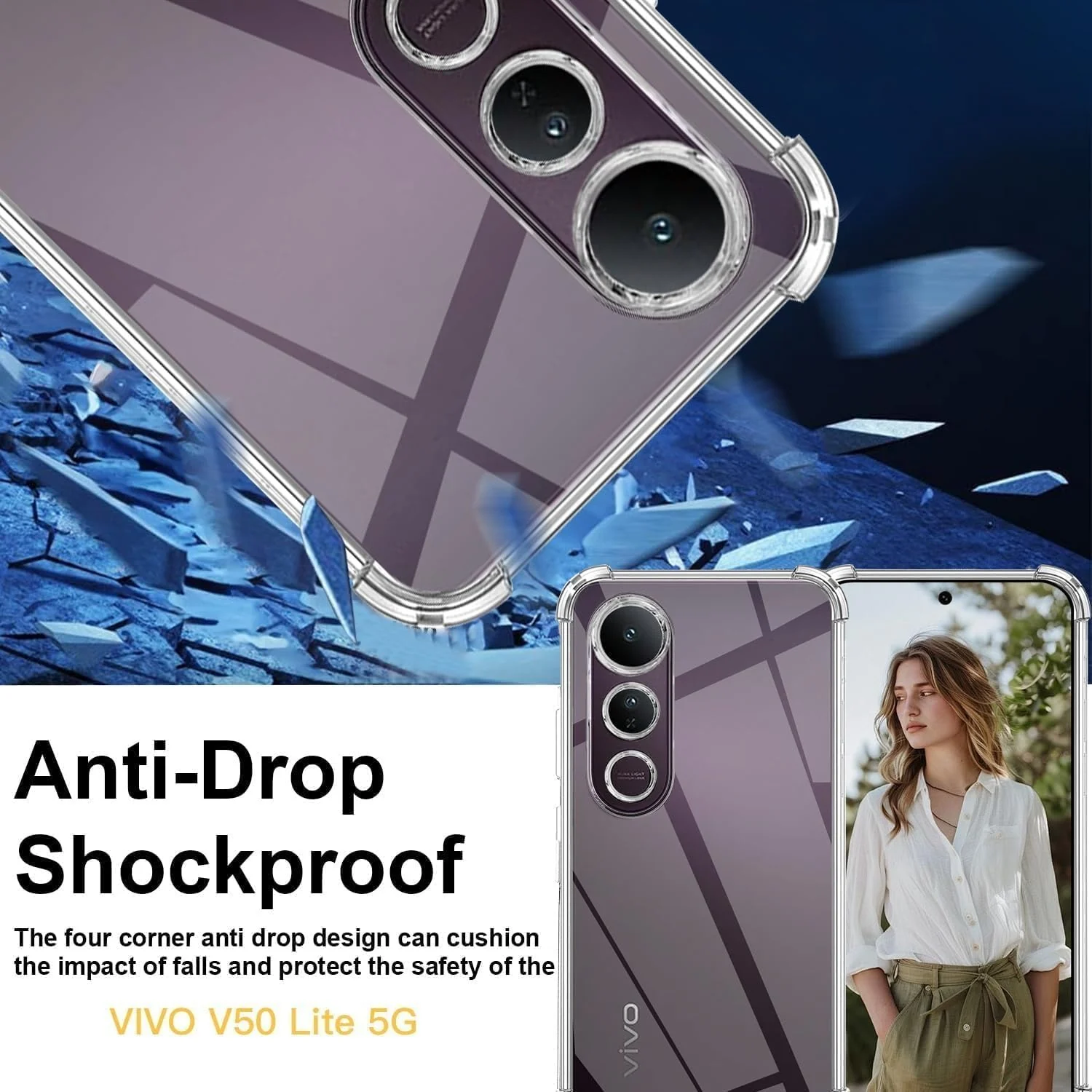 DL3 Mobilak Case Compatible with vivo V50 Lite 4G/vivo V50 Lite 5G, Cover Silicone TPU Gorilla Anti-shock Protector Camera Shockproof Corners - Clear