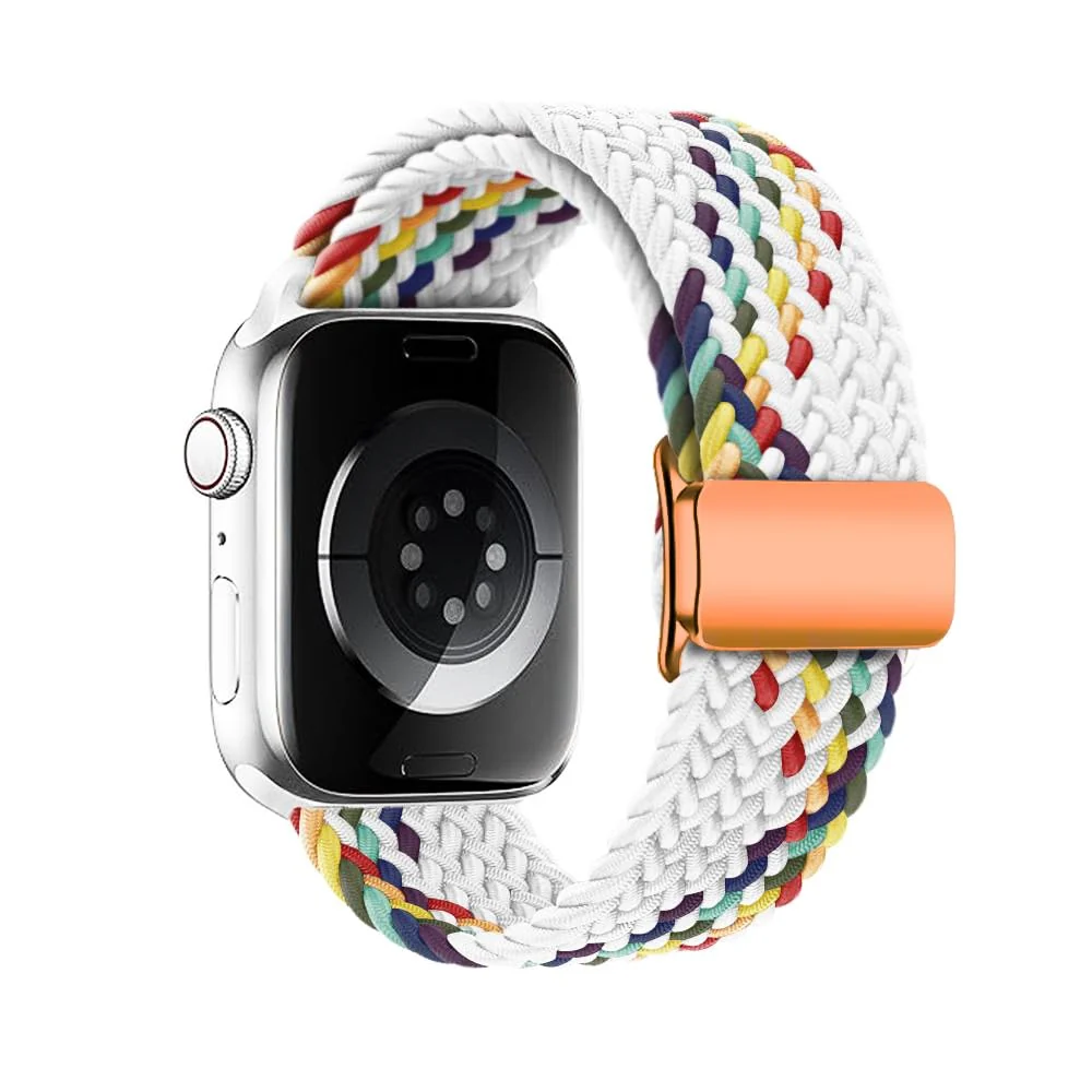 DL3 Mobilak Sport Solo Loop Compatible with Apple Watch Band 42mm 44mm 45mm 46mm 49mm for Women Men, Magnetic Strap Stretchy Braided Wristband for iWatch Series 11 10 9 8 7 6 5 4 3 Ultra 3 2 1 SE SE2 - White Rainbow
